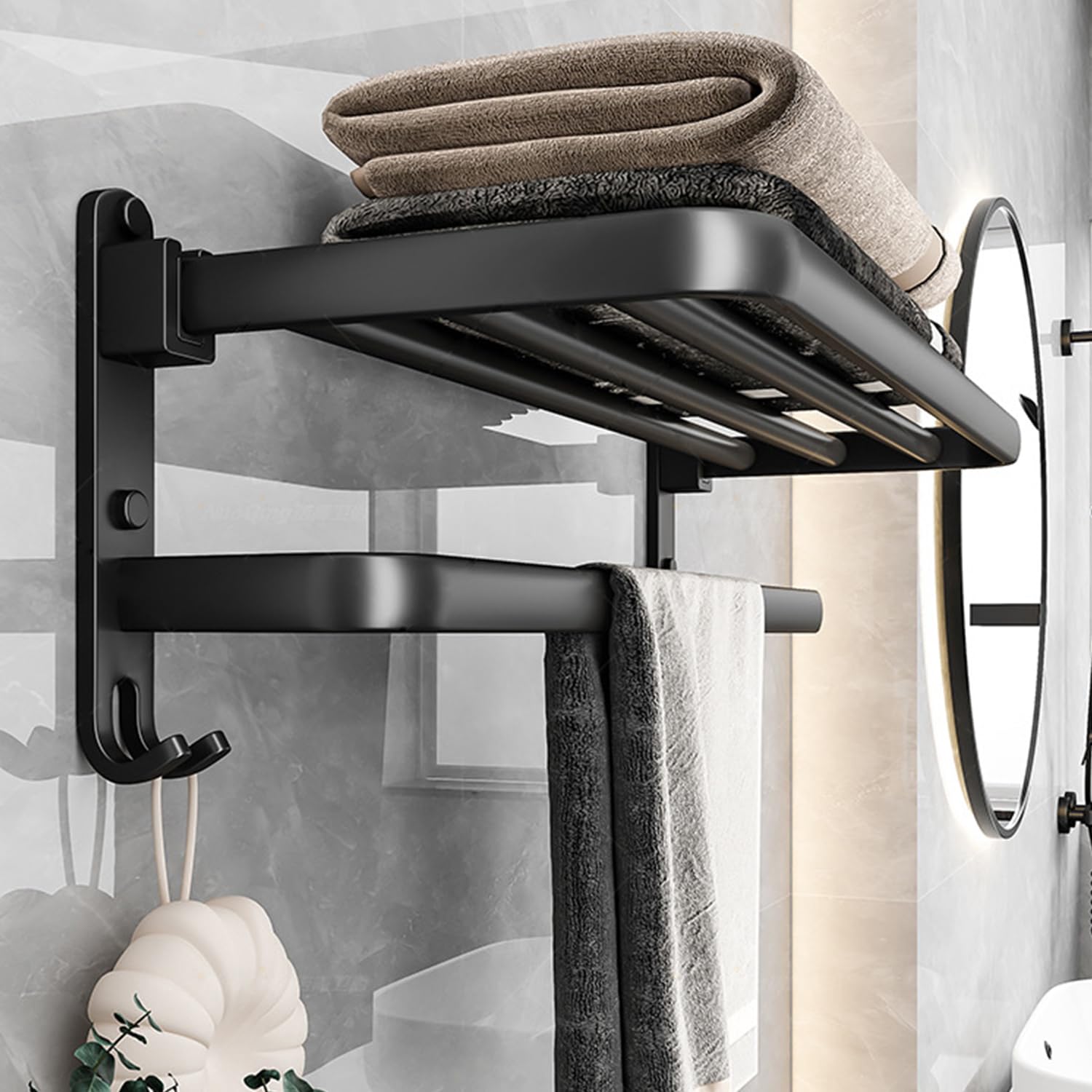 No Drill Foldable Towel Rack - 24 Inch Stainless Steel Wall Mounted Bathroom Towel Holder - Matte Black Space Saving Bathroom Accessories for Small Spaces, Apartments & Dorms - Perfect for Showers, Vanities & Laundry Rooms