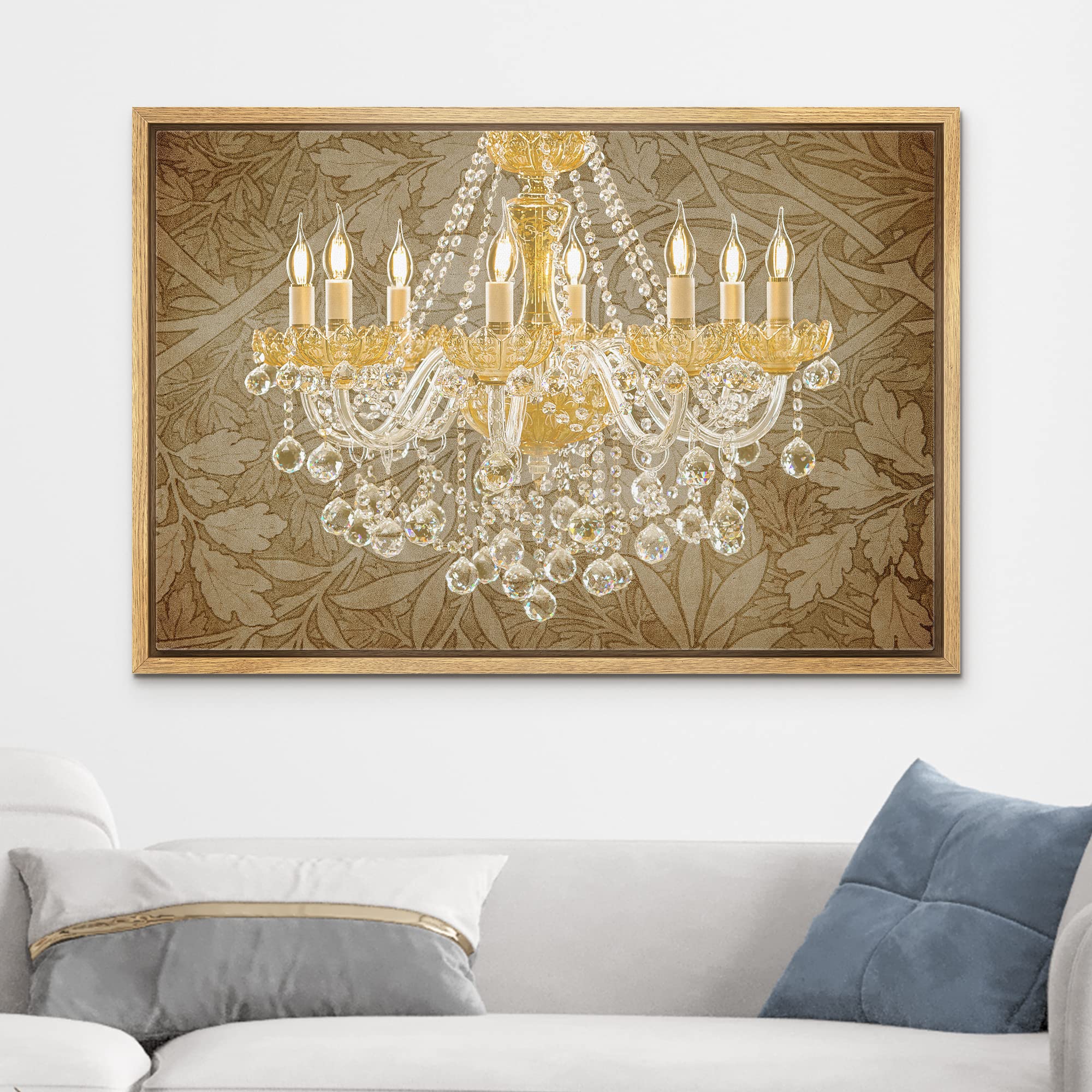 Wall26 Floral Gold Crystal Chandelier Framed Canvas Art Print - 24x36 Inch Modern Home Decor for Living Room, Bedroom, Office | Elegant Wall Art for Relaxation & Calming Atmosphere