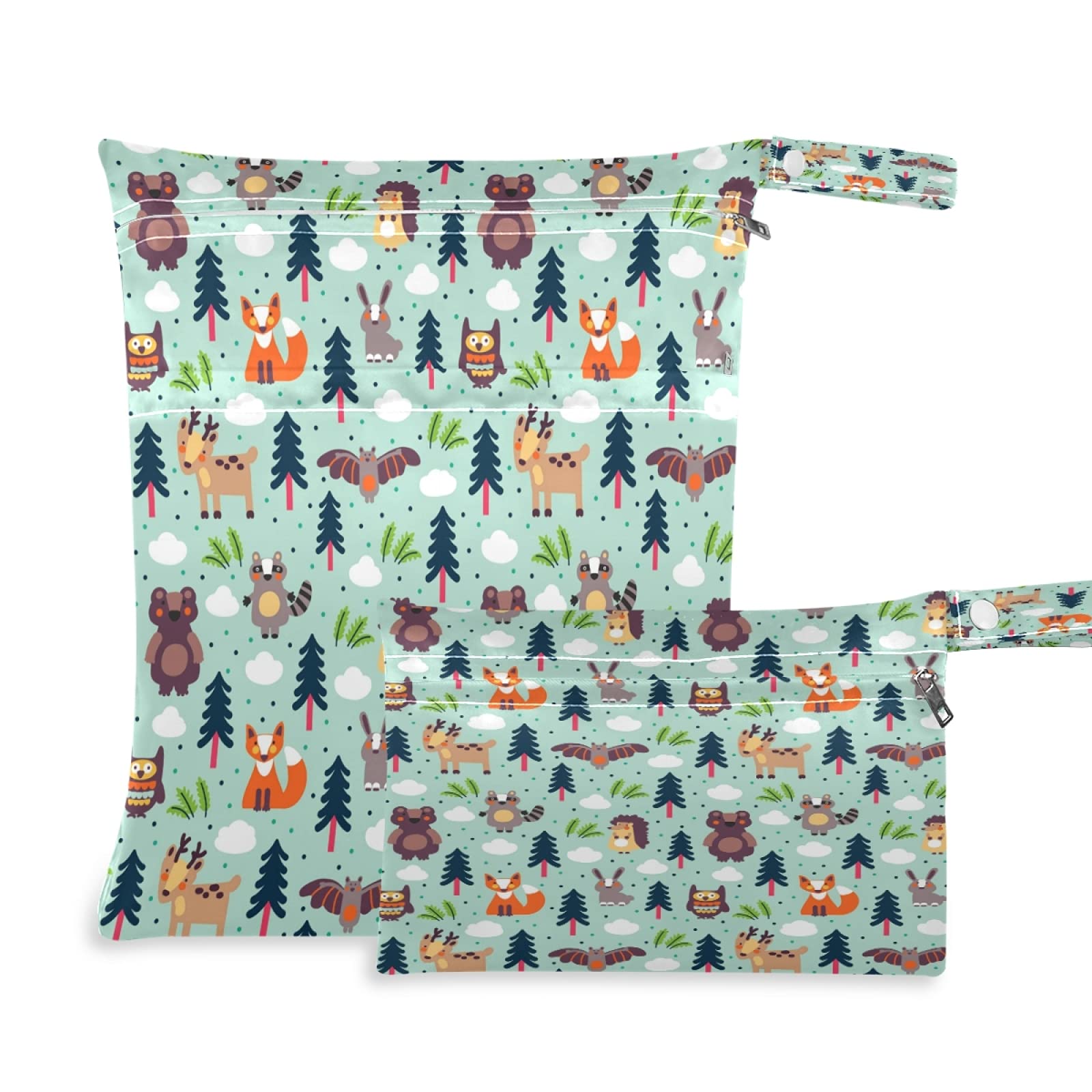 2-Pack Waterproof Wet Dry Bags with Cute Forest Animals (Bear & Deer) - Reusable Washable Cloth Diaper Storage for Travel, Beach, Yoga, Gym, Swimsuits & Wet Clothes - Eco-Friendly Baby & Adult Essentials