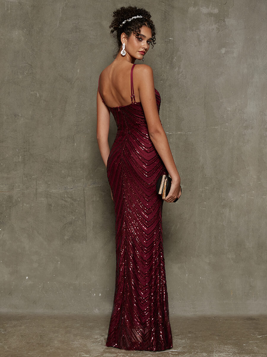 Elegant Burgundy Convertible Halter Sequin Floor Length Formal Evening Gown for Prom, Wedding & Special Occasions