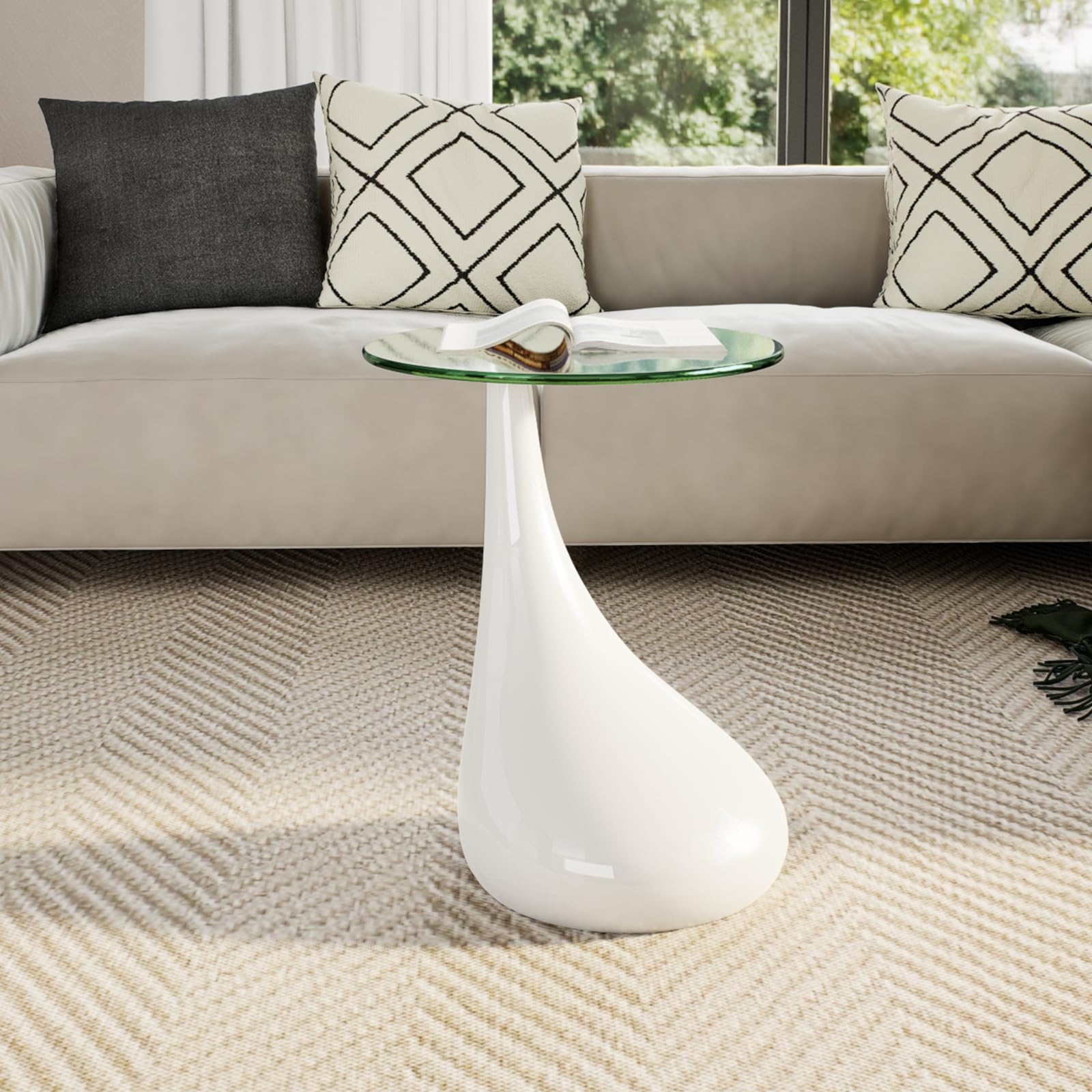 vidaXL Modern Coffee Table with Water-Drop Base & Round Tempered Glass Top - 16.5'' Diameter x 21.7'' Height - High Gloss White - Perfect for Living Room, Lounge or Office Decor