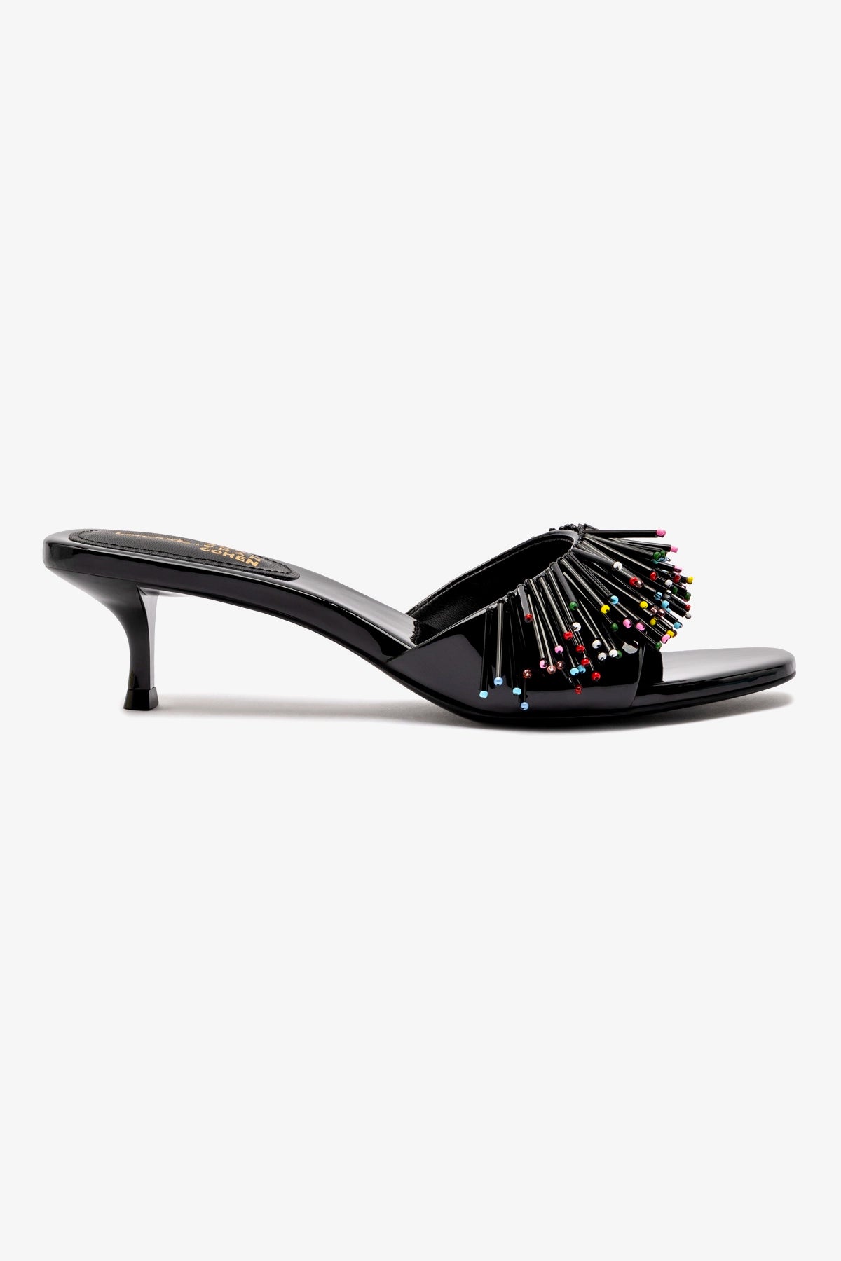 Larroudé x Jonathan Cohen Black Patent Leather Fringe Greta Mule - Stylish Women's Shoes for Parties & Evening Events