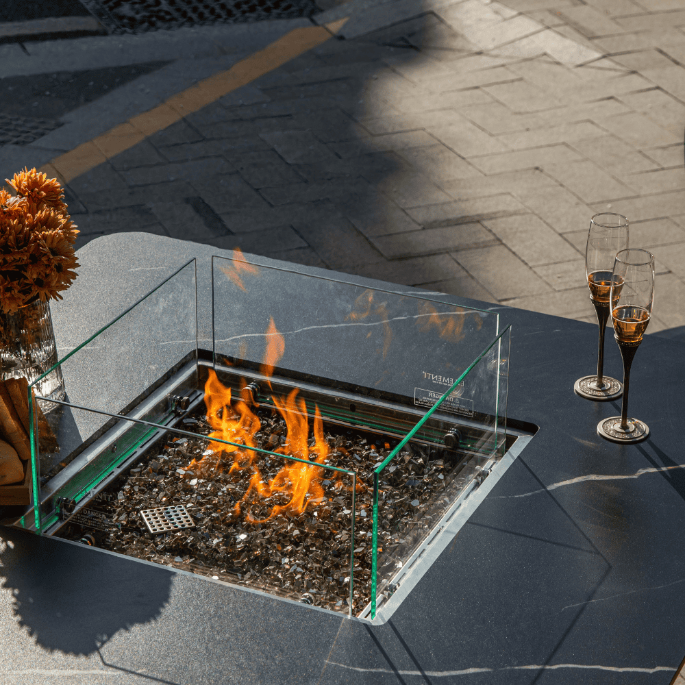 Brugge Marble Porcelain Outdoor Dining Table with Fire Pit - Weatherproof Patio Furniture for Backyard, Garden, Poolside Dining & Entertaining
