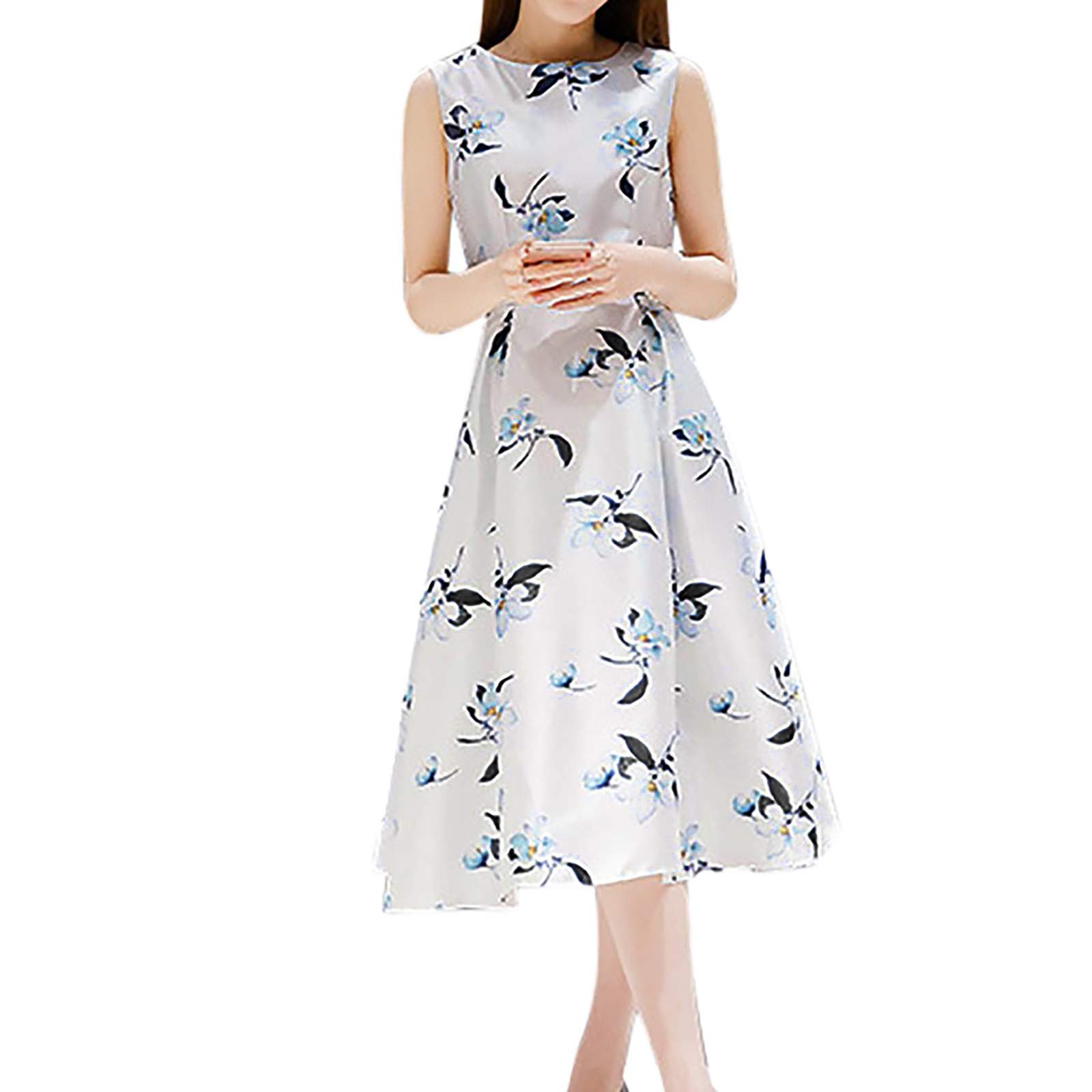 Women's Summer Casual Sleeveless O-Neck Sun Dress with Belt - Floral Print Midi Dress for Beach, Vacation & Outdoor Activities