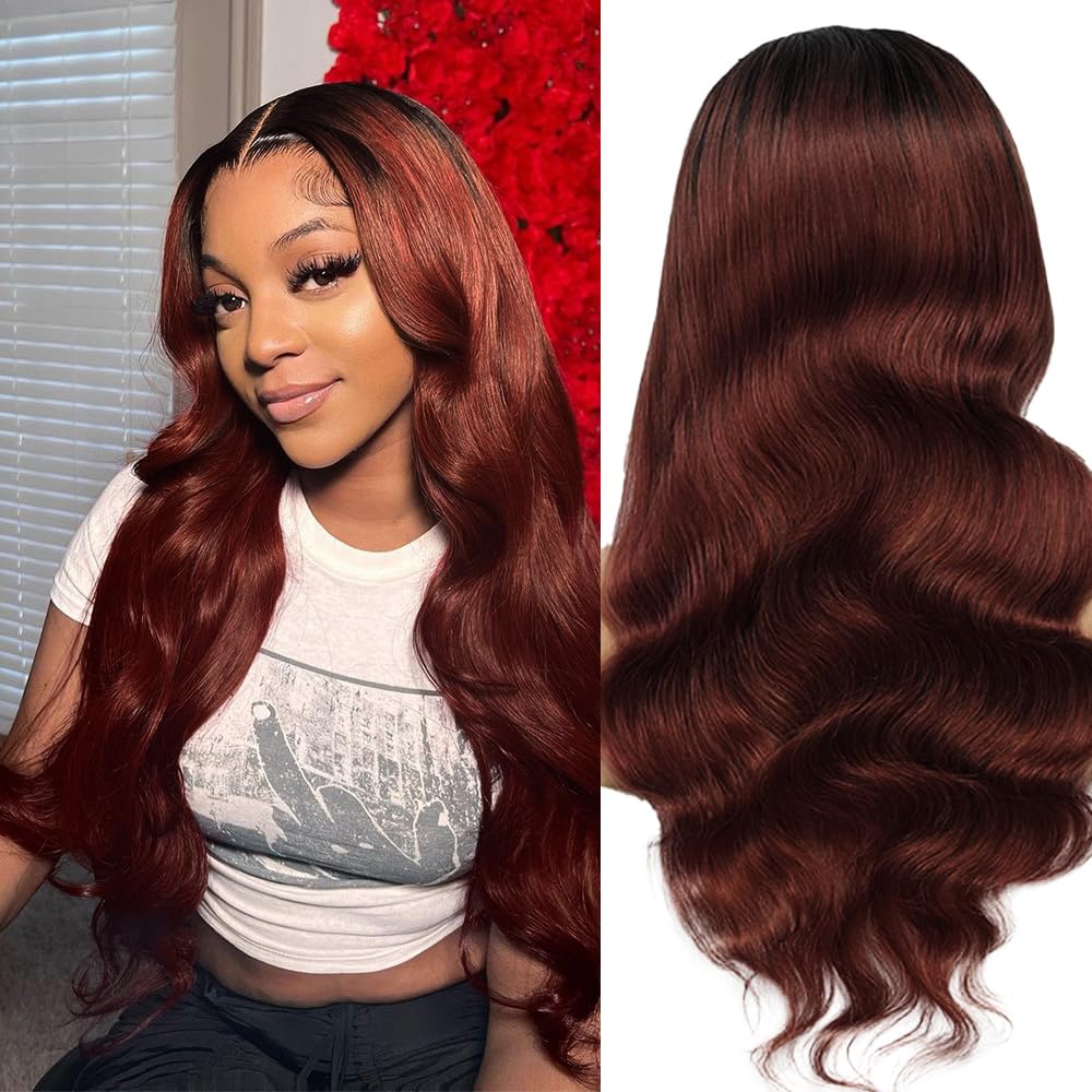 13x4 Ombre Reddish Brown Lace Front Wig Human Hair 1B/33 Body Wave - 18 Inch Brazilian Virgin Hair Wigs for Women | Natural Look for Daily Wear, Parties & Special Occasions