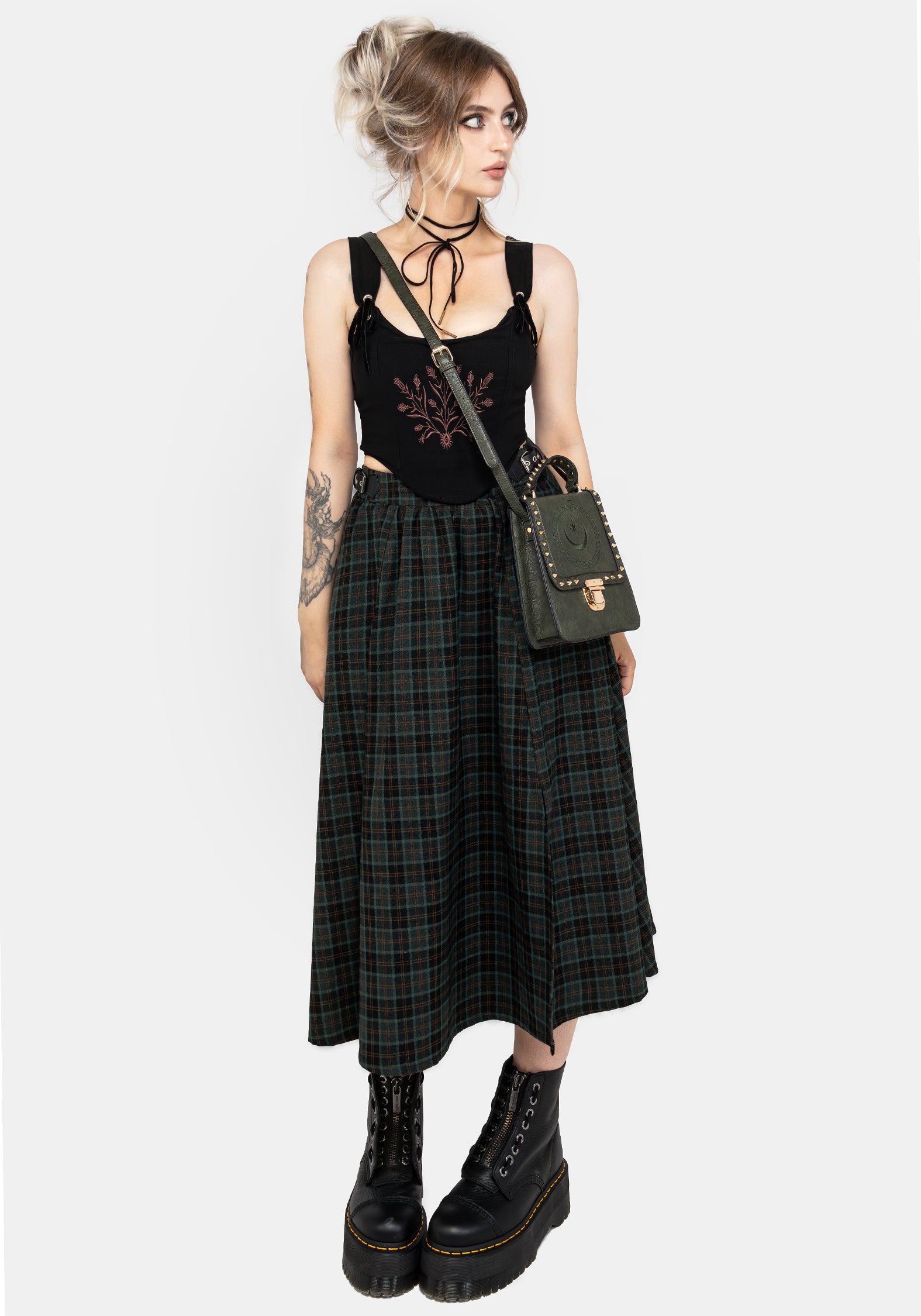 Elegant Nightingale Buckled Check Midi Skirt for Women - Vintage Plaid A-Line Skirt with Adjustable Belt - Perfect for Office, Date Night & Fall Fashion