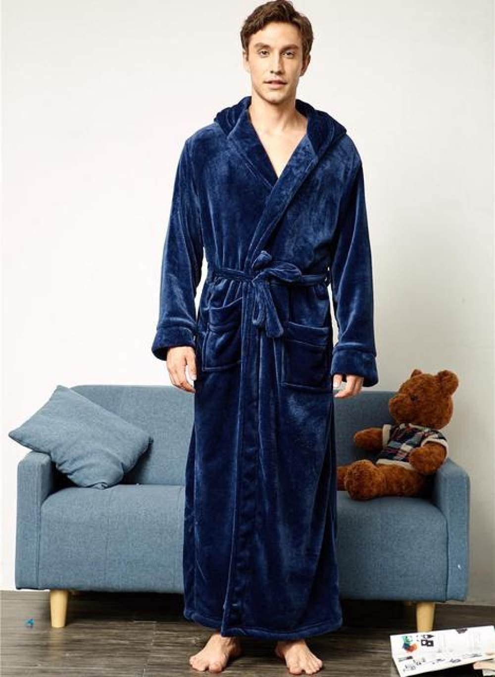 AUBERSIT Extra-Long Flannel Nightgown for Men & Women - Winter Warm Hooded Bathrobe, Thickened Loose Homewear in Navy Blue (Size XL) - Perfect for Cozy Evenings, Lounging & Relaxation at Home