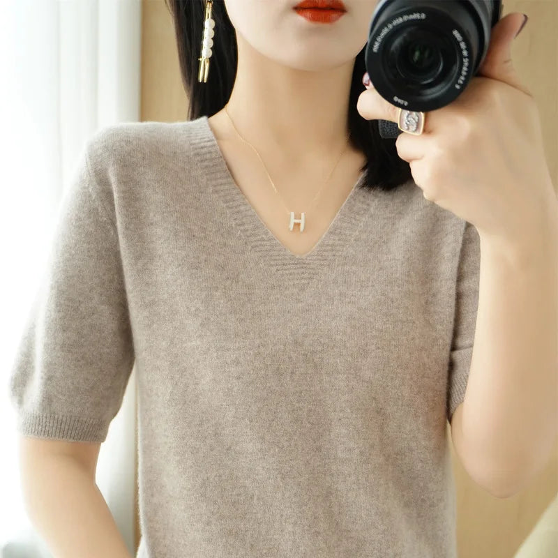Solid Color V-Neck Half-Sleeve Cashmere Sweater for Women - Soft Thin Knit Casual Top for Office Wear & Fall Layering