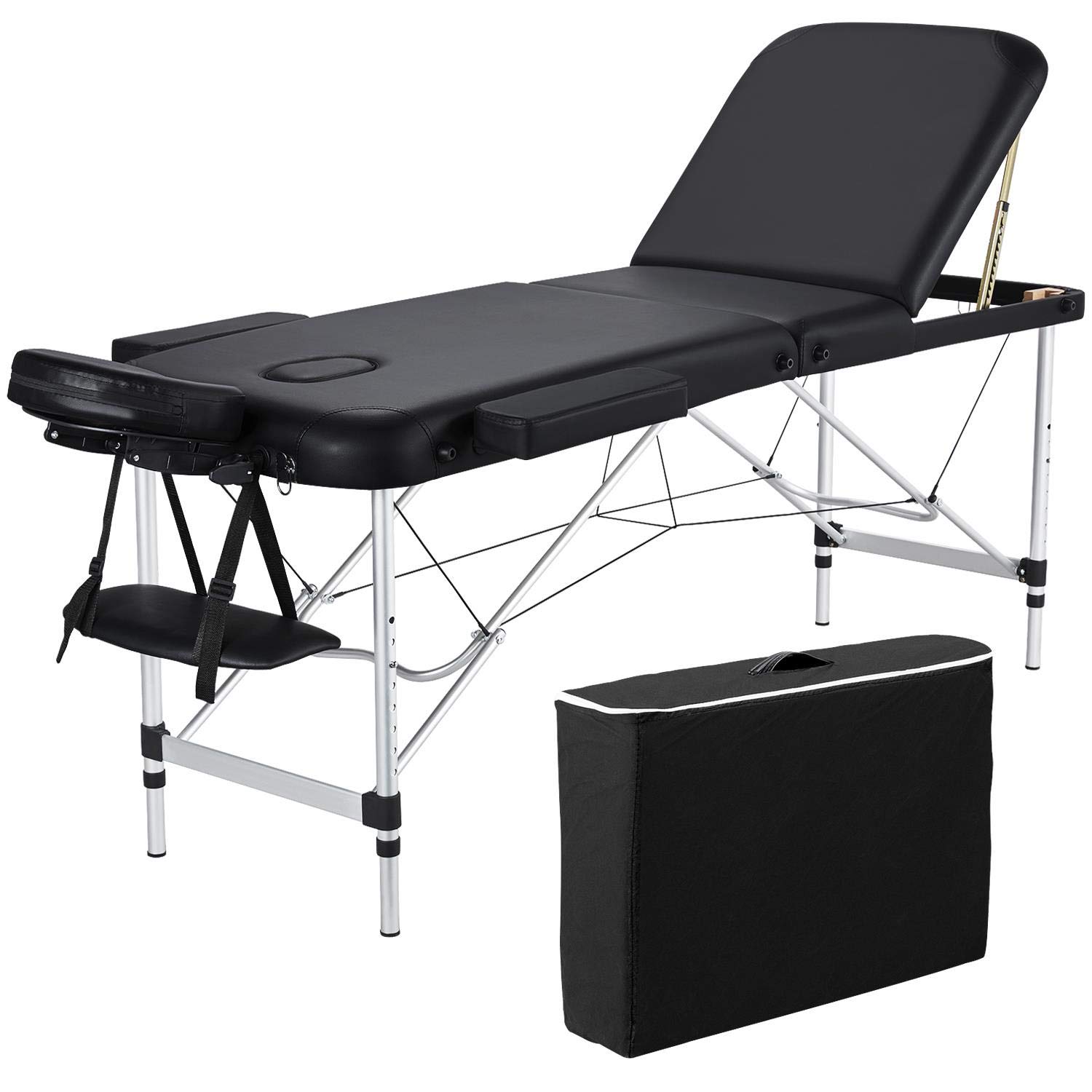 Topeakmart 84 Inch Adjustable Height 3-Fold Aluminum Massage Table - Portable Spa Therapy Bed for Salon, Clinic & Home Use - Black
