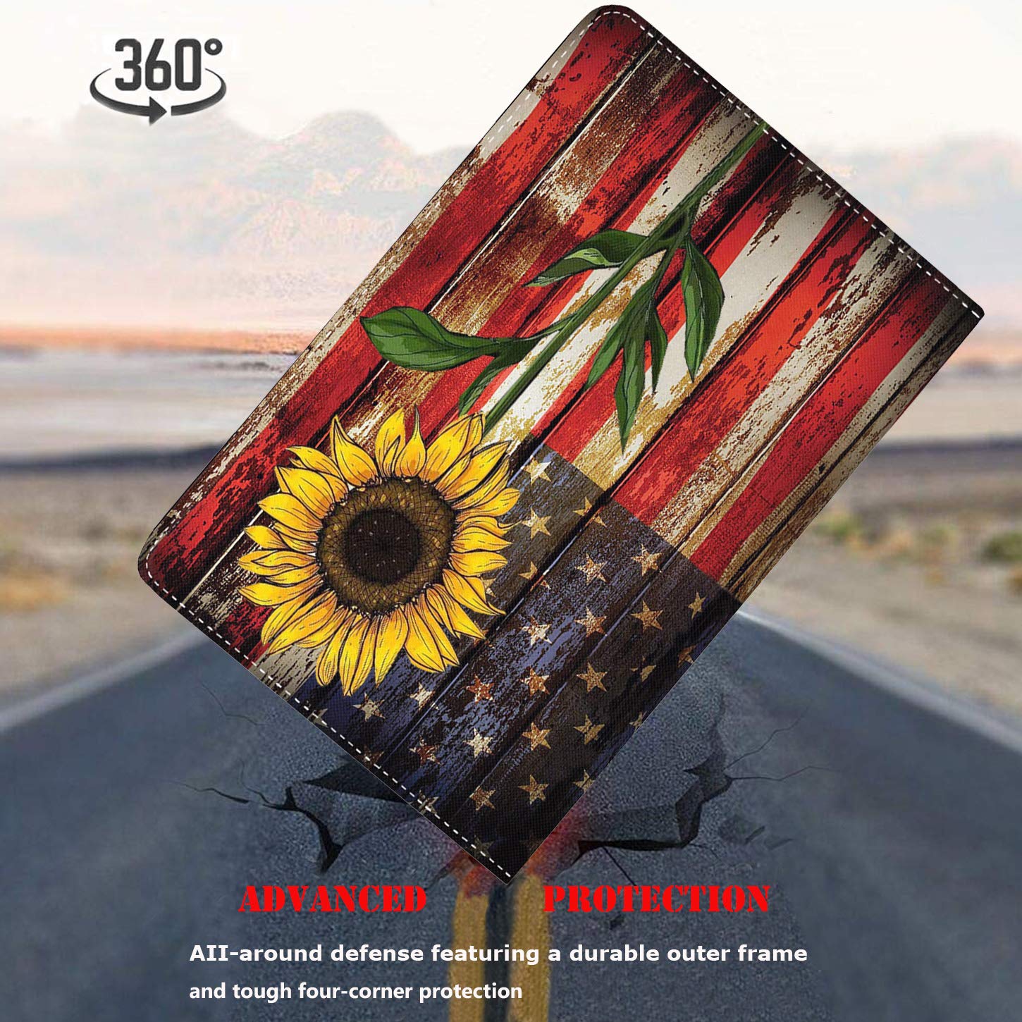 Premium Leather iPad Case for iPad 9.7 (2018/2017), iPad Air 2, iPad Pro 9.7 & iPad Air - Protective Smart Cover with Auto Wake/Sleep & Adjustable Stand - Compatible with iPad 6th/5th Gen - Patriotic Red Line American Flag Sunflower Design - Perfect for Work, Travel & Home Use