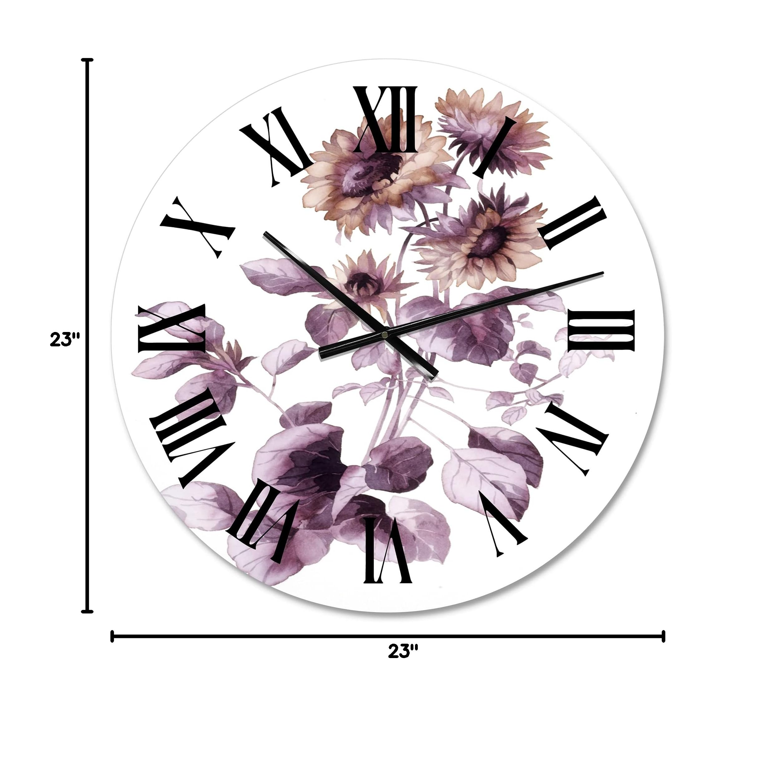 DesignQ Traditional Wall Clock 'Purple Wildflowers III' - Large Floral Botanical Wall Clock for Home, Office & Living Room Decor - Perfect for Farmhouse, Bedroom & Kitchen Wall Décor