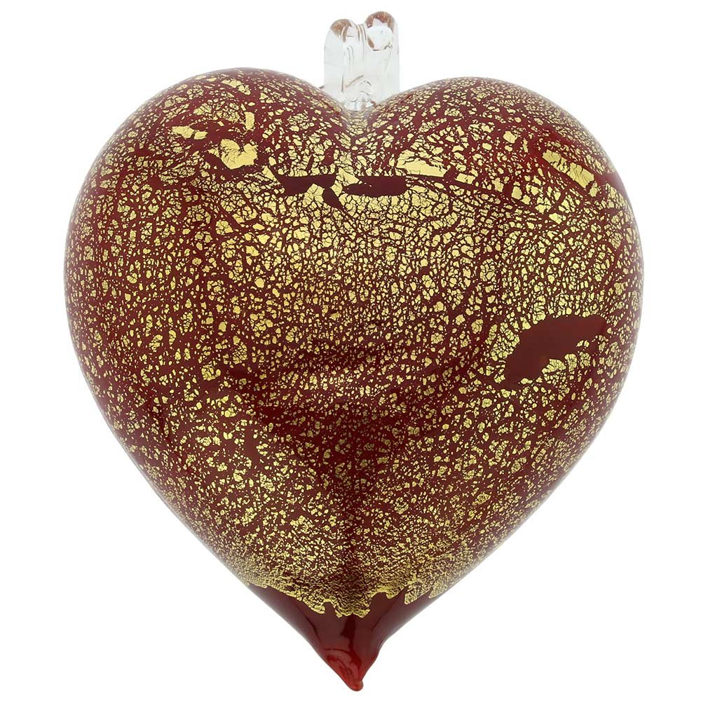 Venetian Murano Glass Heart Christmas Ornament - Handmade Red & Gold Holiday Decoration for Tree, Gift, and Home Décor