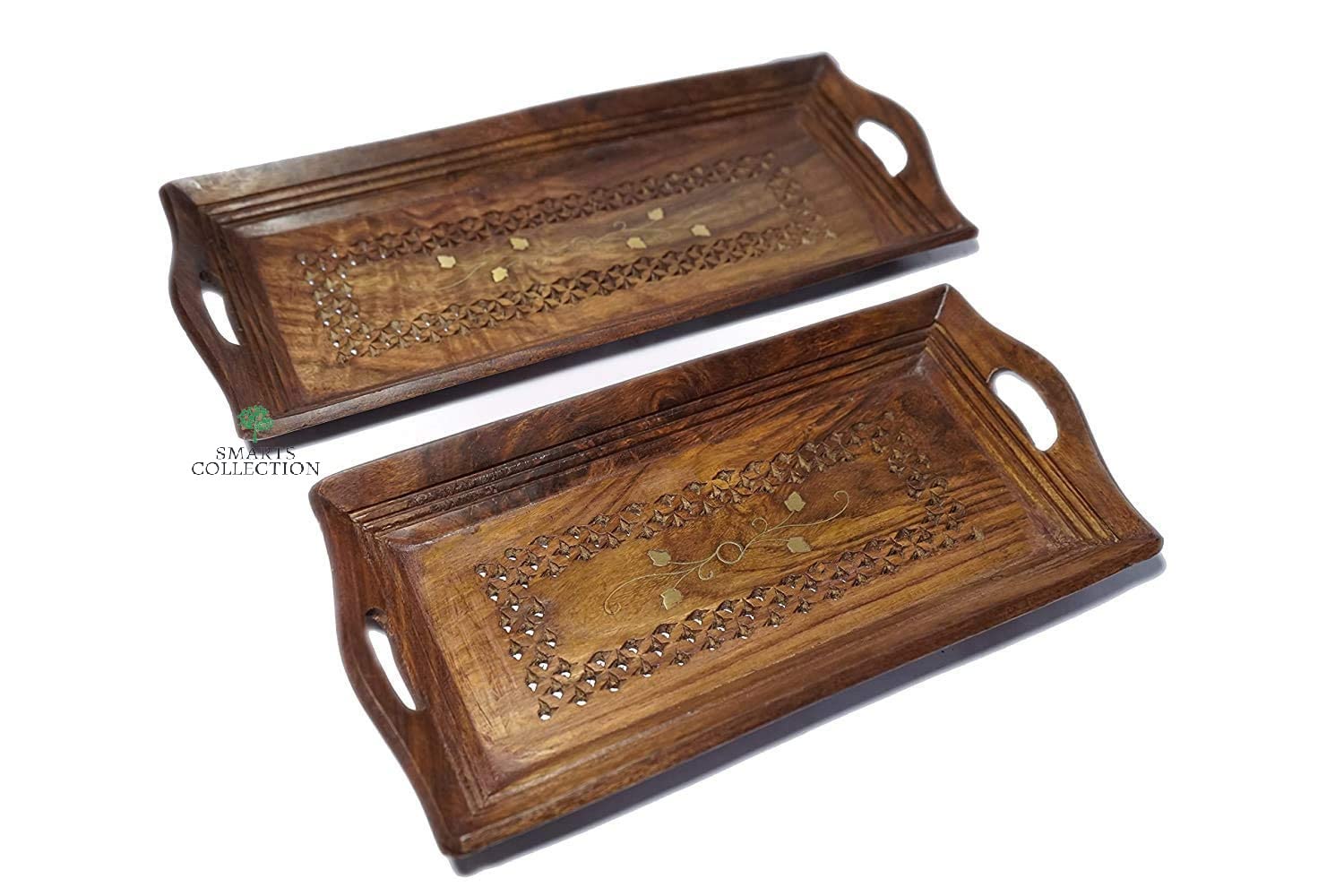 SMARTS COLLECTION Hand Carved Wooden Serving Tray Set of 2 - Decorative Tea Coffee Snack Platter for Home Kitchen Table Decor - Perfect for Afternoon Tea, Breakfast in Bed & Entertaining Guests