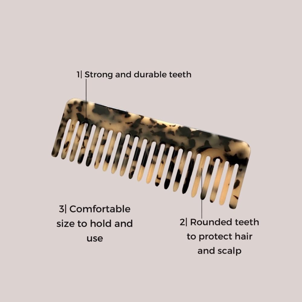 CLUB N'2 Ivory Tortoise Wide Tooth Hair Comb - Unisex Detangling Comb for Straight, Wavy & Curly Hair - Styling Comb for Smooth & Tangle-Free Hair - Perfect for Daily Use, Travel & Salon Styling