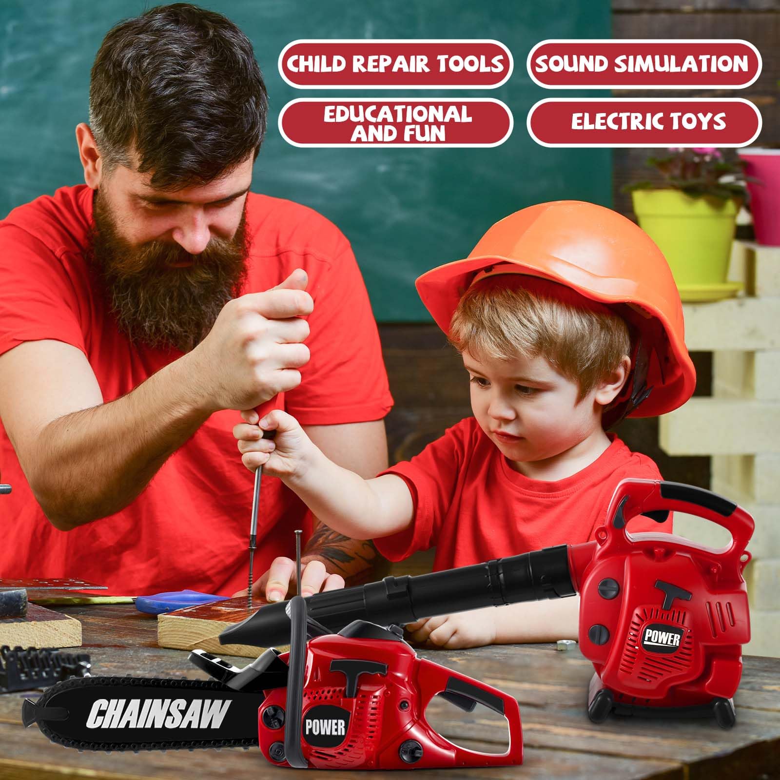 4-Piece Kids Gardening Tool Set - Toy Leaf Blower, Lawn Trimmer, Chainsaw & Lawn Cutter with Battery - Pretend Play Outdoor Toys for Boys & Girls - Perfect for Christmas Gifts, Birthday Parties & Backyard Fun
