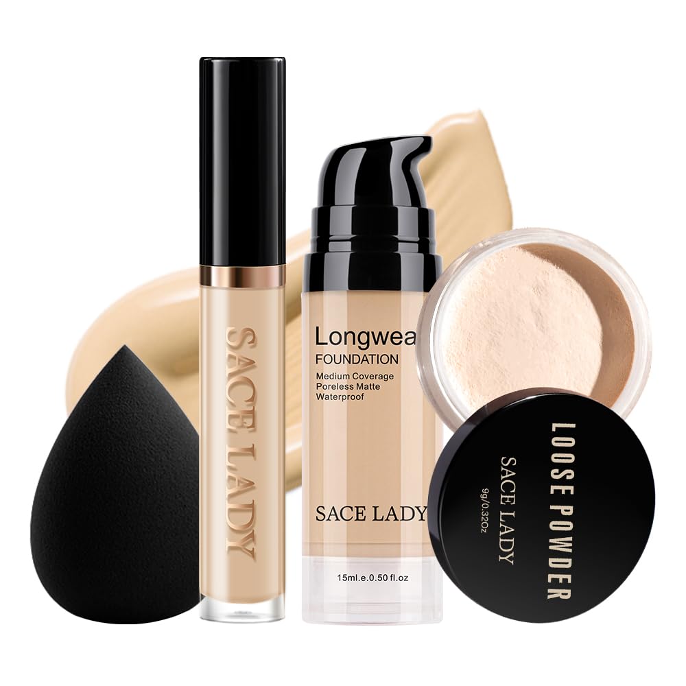 Flawless Matte Foundation & Full Coverage Concealer Set - Oil Control Loose Powder & Makeup Sponge Kit (4Pcs) | Waterproof Long-Lasting Natural Cosmetics for Women | Perfect for Daily Wear, Special Occasions & Photo Shoots