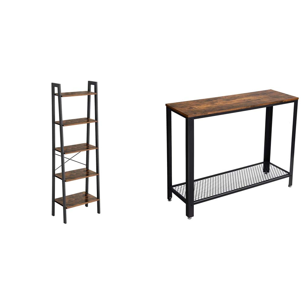 VASAGLE 5-Tier Ladder Shelf with Console Table, Rustic Brown Metal Frame, 22.1