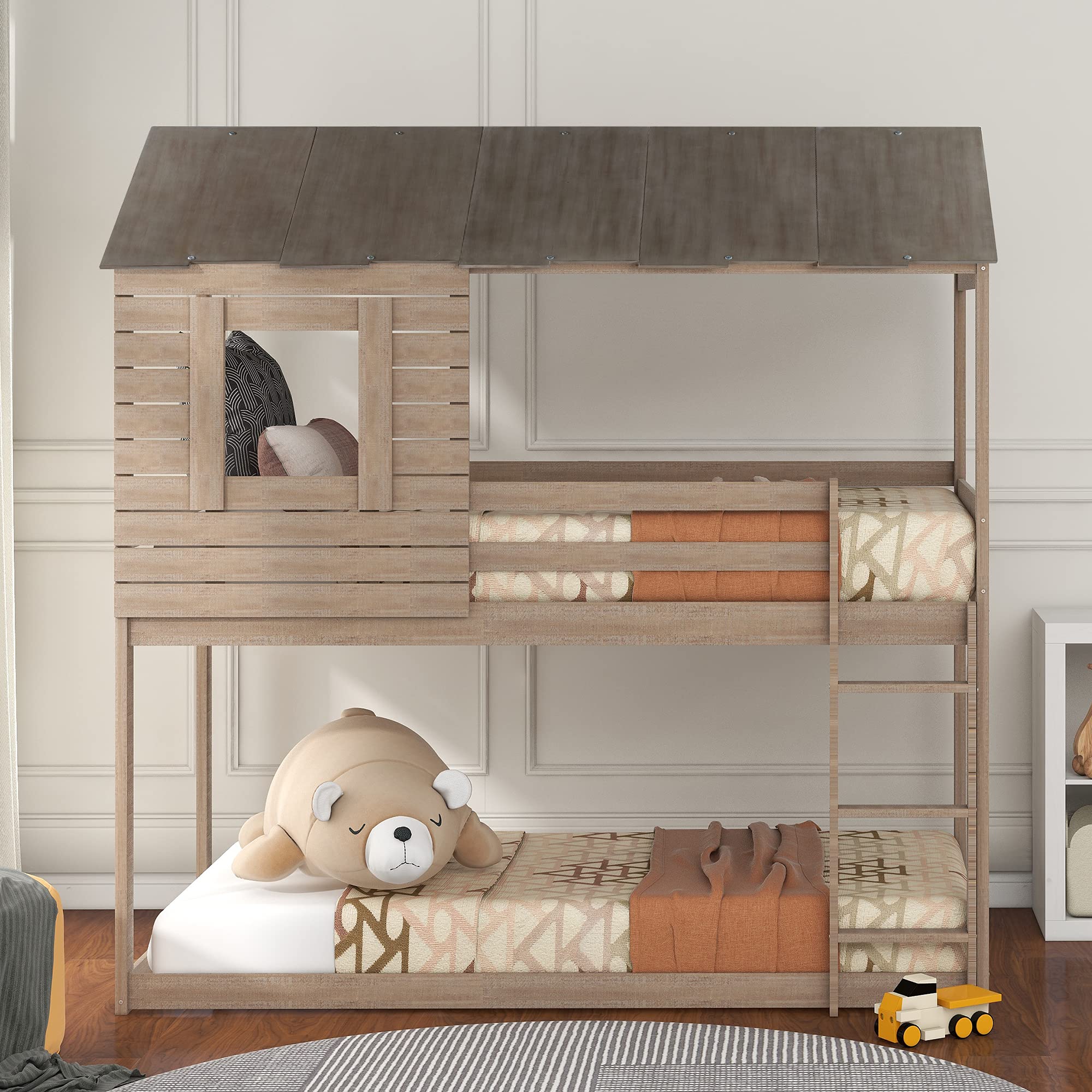 MERITLINE Twin Over Twin Wood Bunk Bed for Kids - House-Shaped Design with Roof, Window, Guardrail & Ladder - Space-Saving Bedroom Furniture for Boys & Girls (Antique Gray) - Perfect for Small Rooms, Shared Kids' Bedrooms & Play Areas