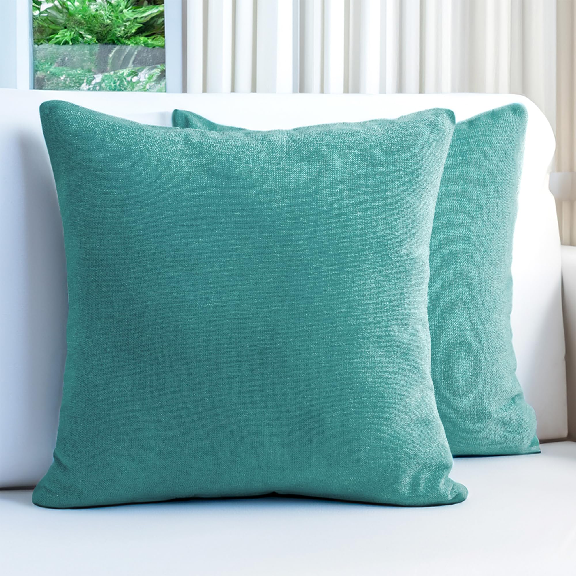 Premium Chenille Throw Pillow Covers Set of 2 - 18x18 Inches (45x45 cm) Soft Square Decorative Pillow Cases for Sofa, Couch, Bed & Home Decor - Turquoise Accent Pillows for Living Room, Bedroom & Dorm