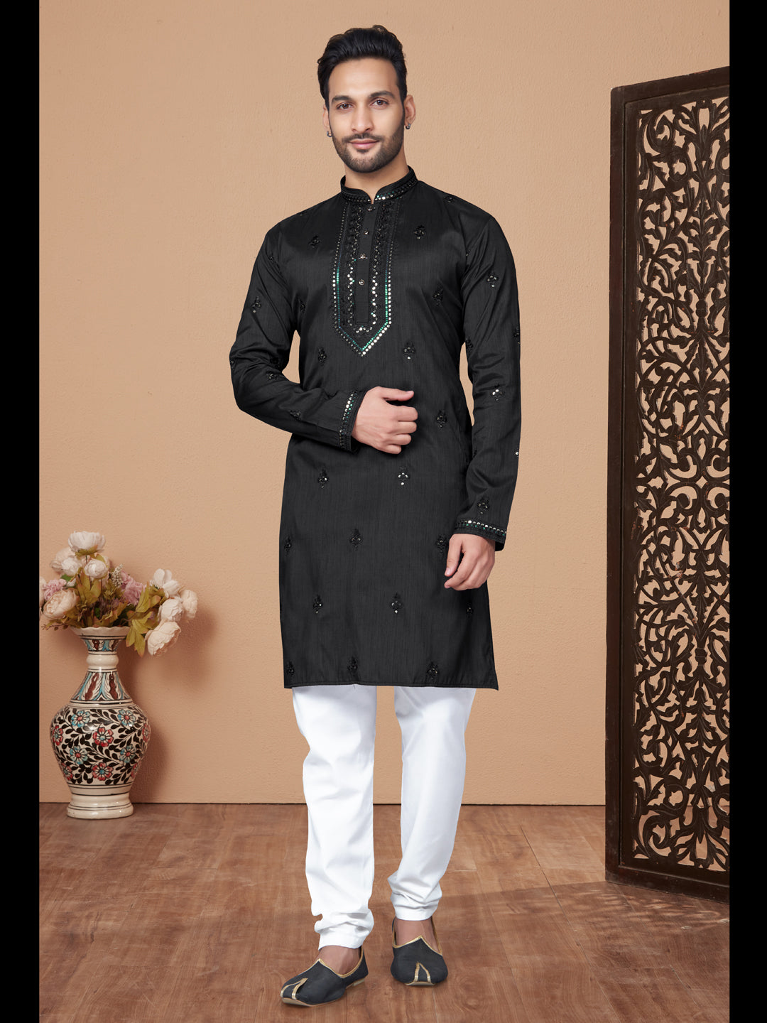 Elegant Black Festive Kurta Pajama with Designer Embroidery - Perfect for Indian Weddings, Diwali Celebrations & Cultural Events