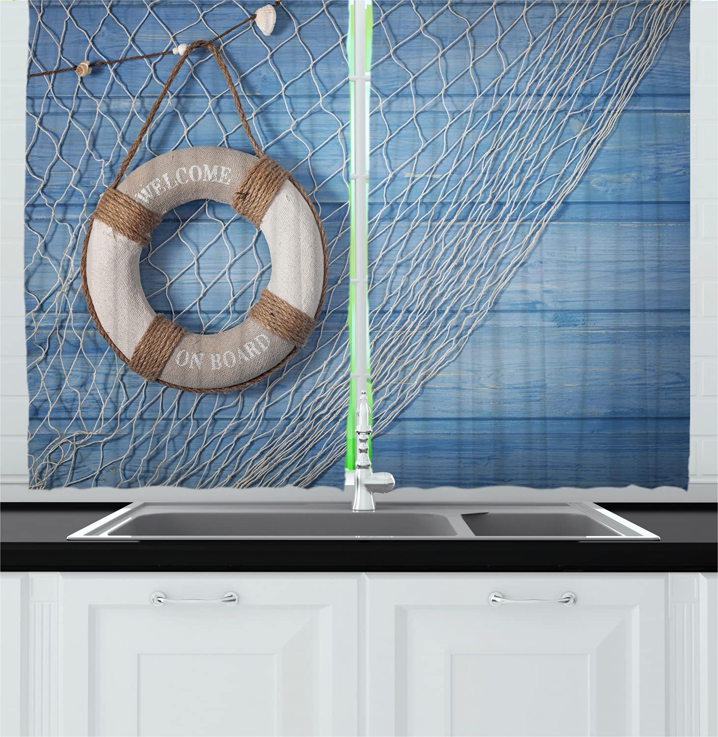 Ambesonne Coastal Long Kitchen Curtains - Shabby Blue Planks Antique Look, 2 Panels with Rod Pocket, 55
