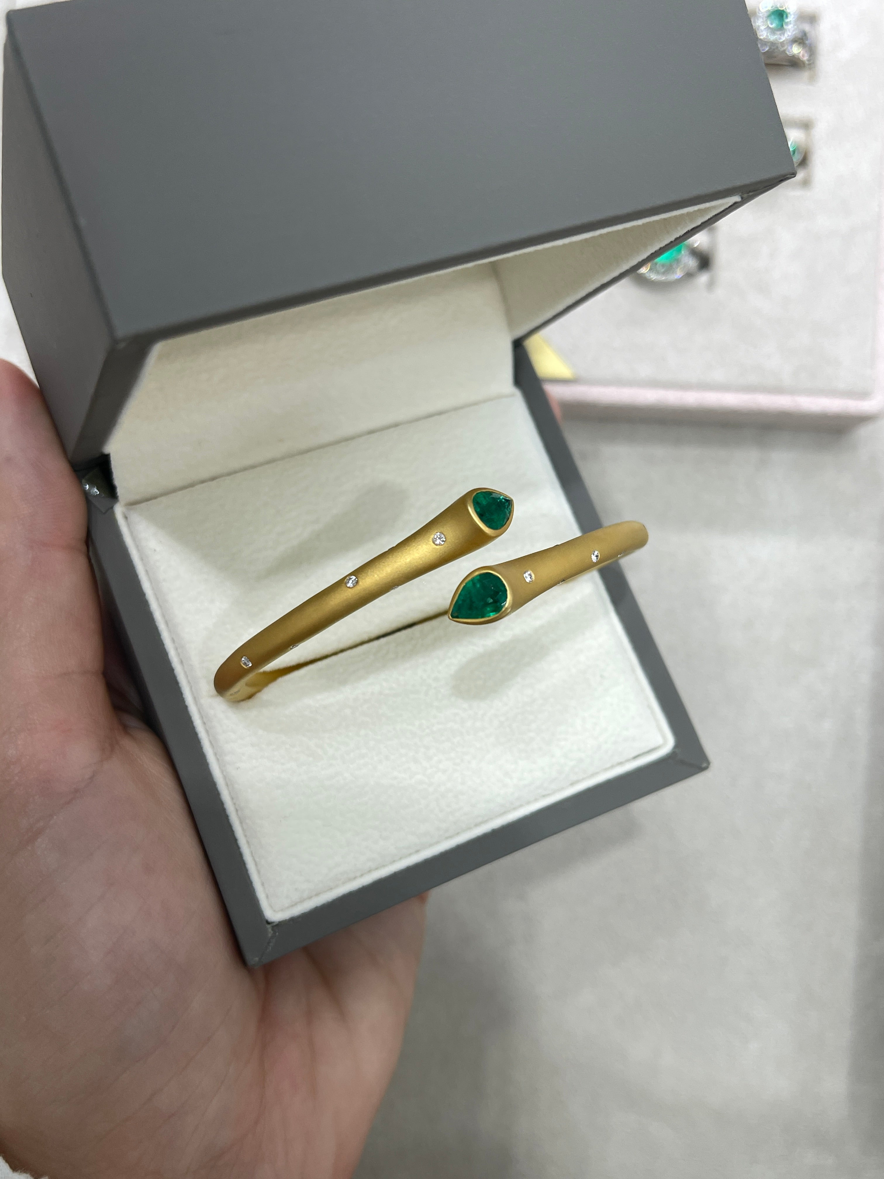 2.93tcw Pear Emerald & Diamond Bypass Cuff Bangle Bracelet in 18K Gold - Elegant Jewelry for Weddings, Parties & Special Occasions