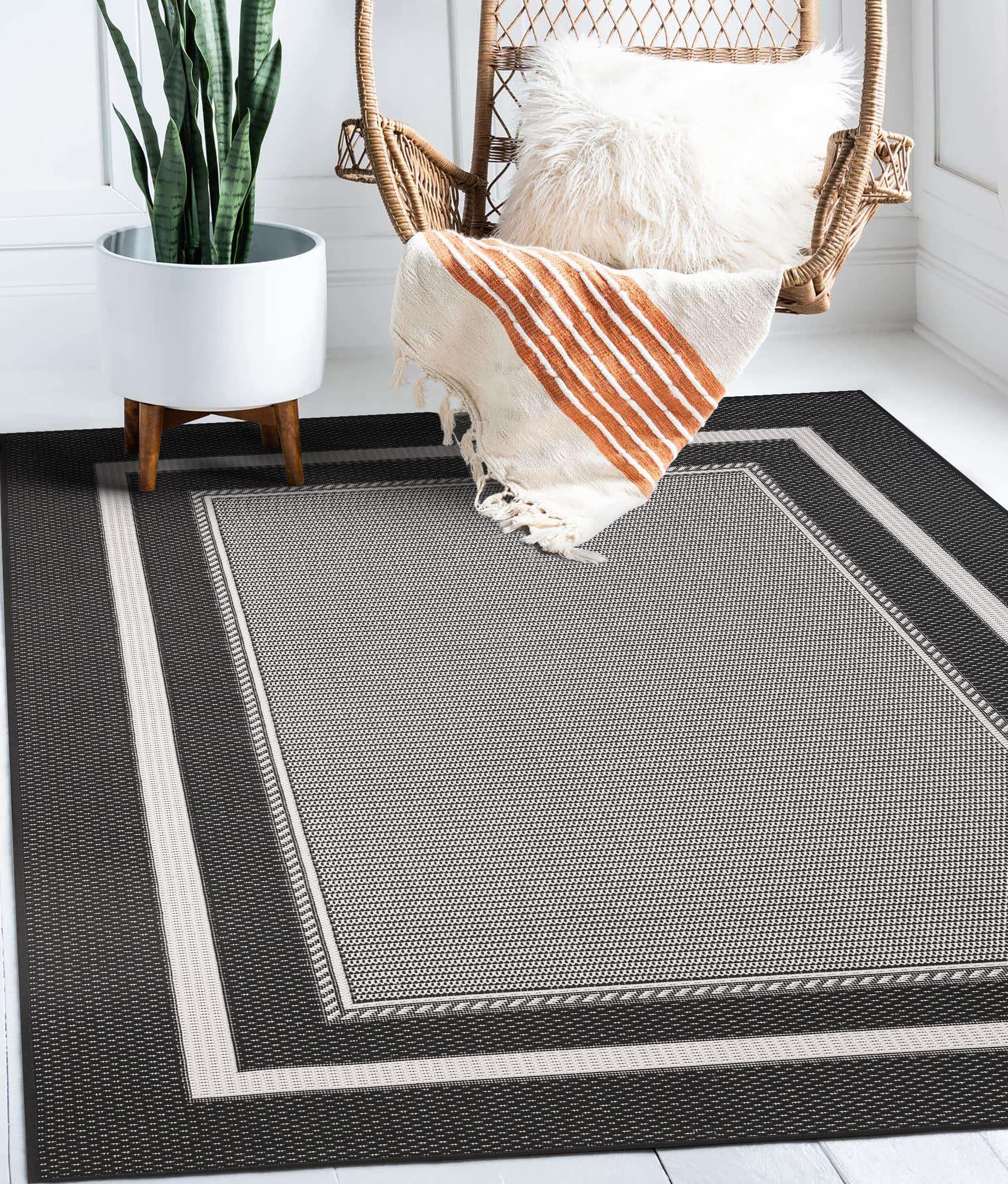 5x8 Black Modern Bordered Indoor/Outdoor Area Rug - Weather Resistant & Durable - Perfect for Porch, Deck, Balcony, Backyard & Patio - Home & Garden Decor