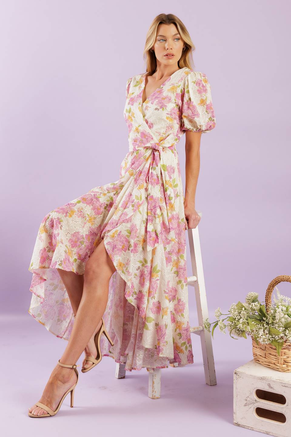 Pink Floral High Low Lace Wrap Midi Dress for Women - Elegant Coffee Run Outfit for Brunch, Date Night & Summer Parties