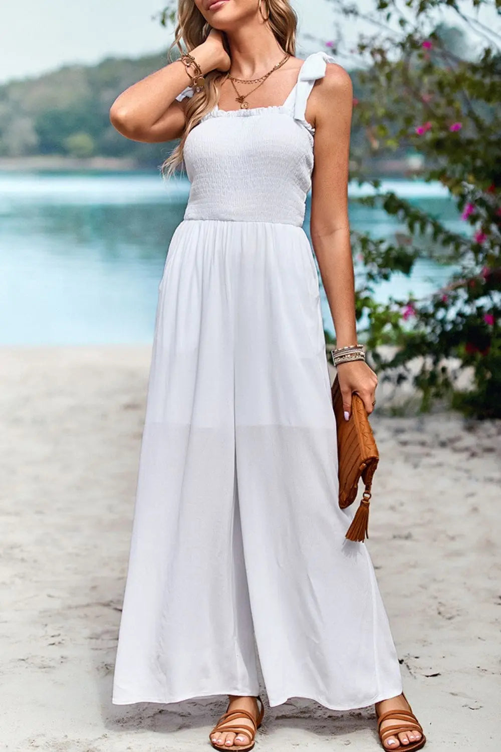 Frill Trim Wide Leg Jumpsuit for Women - Elegant Flowy Romper with Ruffled Neckline & Pockets | Perfect for Summer Outfits, Beach Vacations & Date Nights