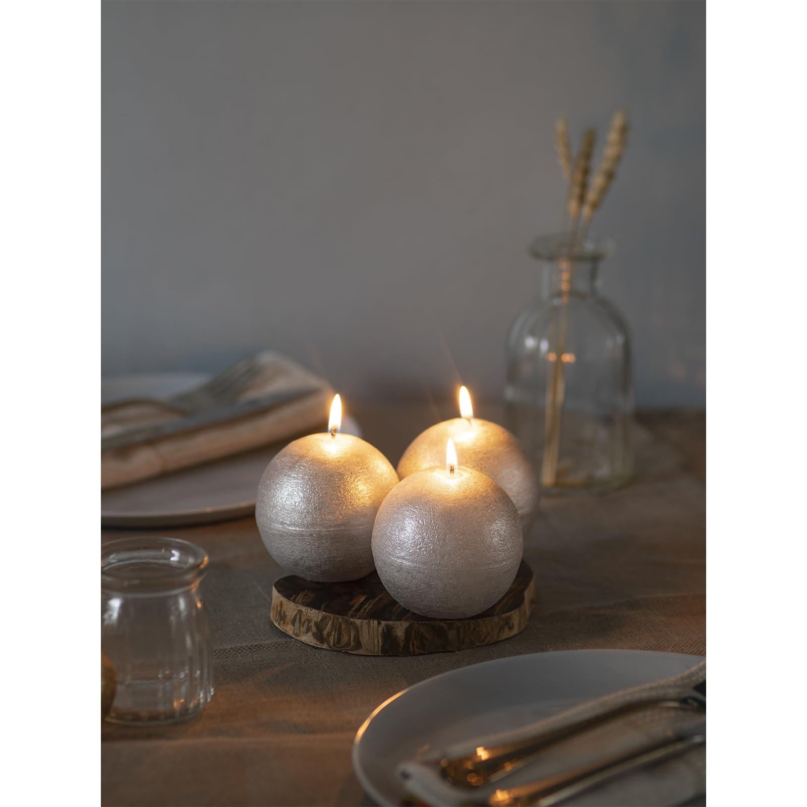 3-Pack CANDWAX 3-Inch Round Silver Unscented Candles - Long Burning Decorative Ball Candles for Wedding, Romantic Decor & Home Ambiance