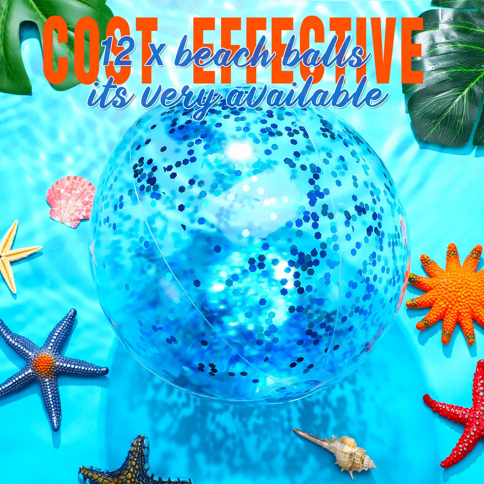 Lewtemi 12 Pcs Inflatable Glitter Beach Balls - 24 Inch & 16 Inch Clear Confetti Pool Balls, Jumbo Swimming Party Decorations for Summer, Outdoor Pool Parties, Birthday Favors, Kids Water Games (Blue)