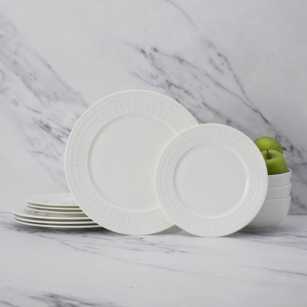 Lux 12-Piece Dinnerware Set - Porcelain Plates, Bowls & Mugs for 4 People - Elegant Tableware for Everyday Dining, Dinner Parties & Holiday Gatherings