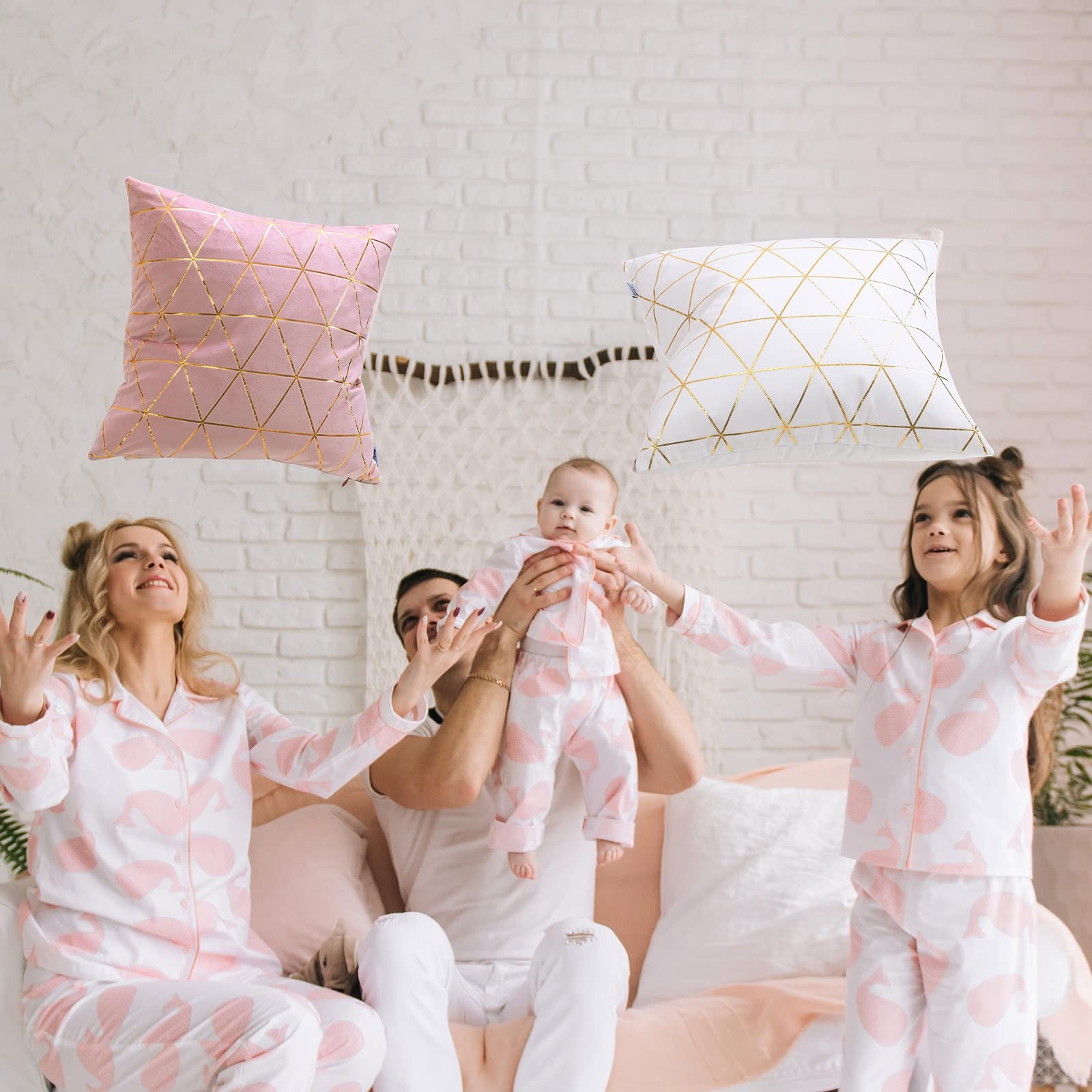2 Pack 18x18 Inch Square Throw Pillow Covers - Soft Decorative Cushion Cases in Pink & Gold for Living Room, Bedroom, Sofa Decor