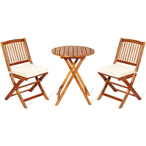 Giantex 3-Piece Patio Bistro Set - Wooden Folding Table with 2 Cushioned Chairs, Outdoor Garden Furniture for Yard, Deck, or Balcony - Natural & Beige Round Table Set for Relaxing, Dining, or Entertaining Guests