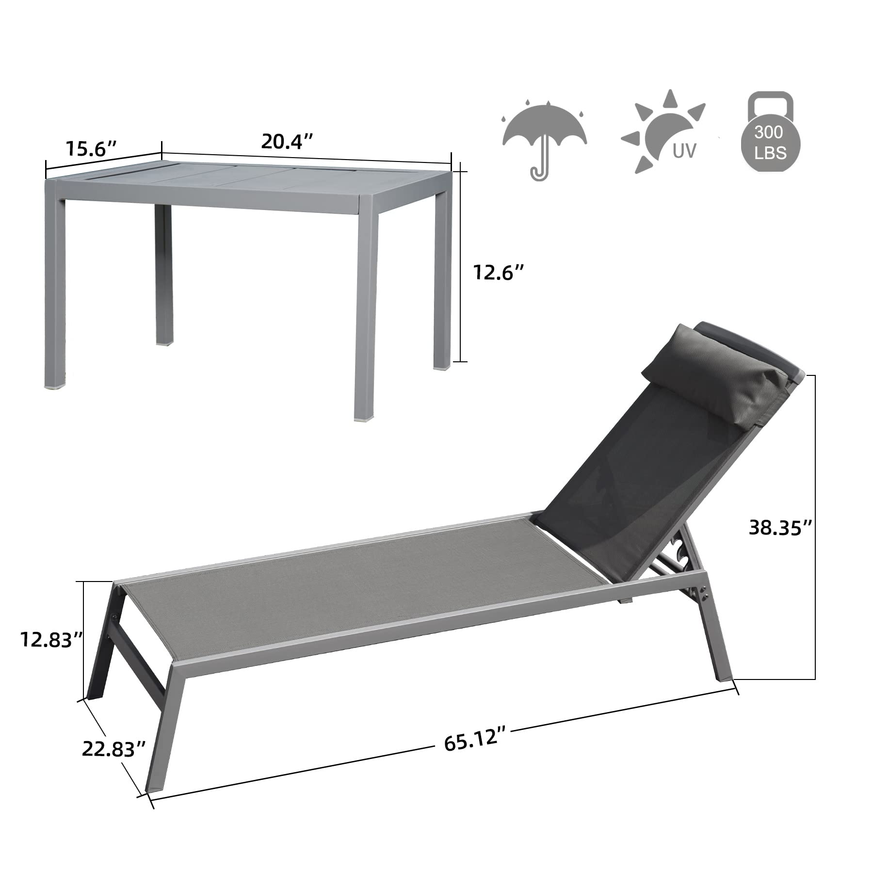 **DOMI Patio Chaise Lounge Set – Adjustable Aluminum Pool Lounge Chairs with Textilene Fabric, Headrest & Side Table – 5-Position Reclining for Sunbathing, Outdoor Relaxation by Pool, Beach, or Garden (Grey)**