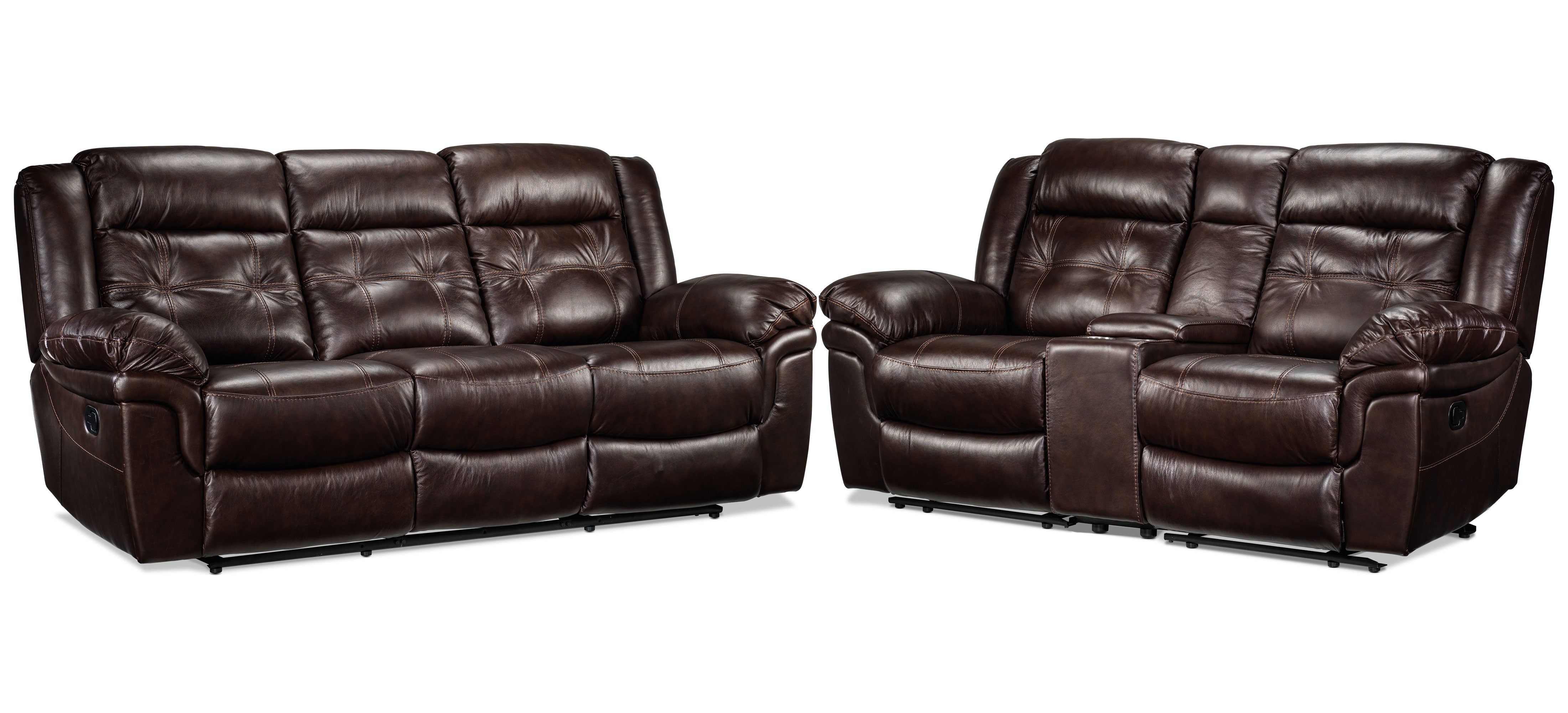 Premium Cooper Leather Reclining Sofa & Loveseat Set with Console - Genuine Brown Leather Living Room Furniture for Home Theater & Family Gatherings