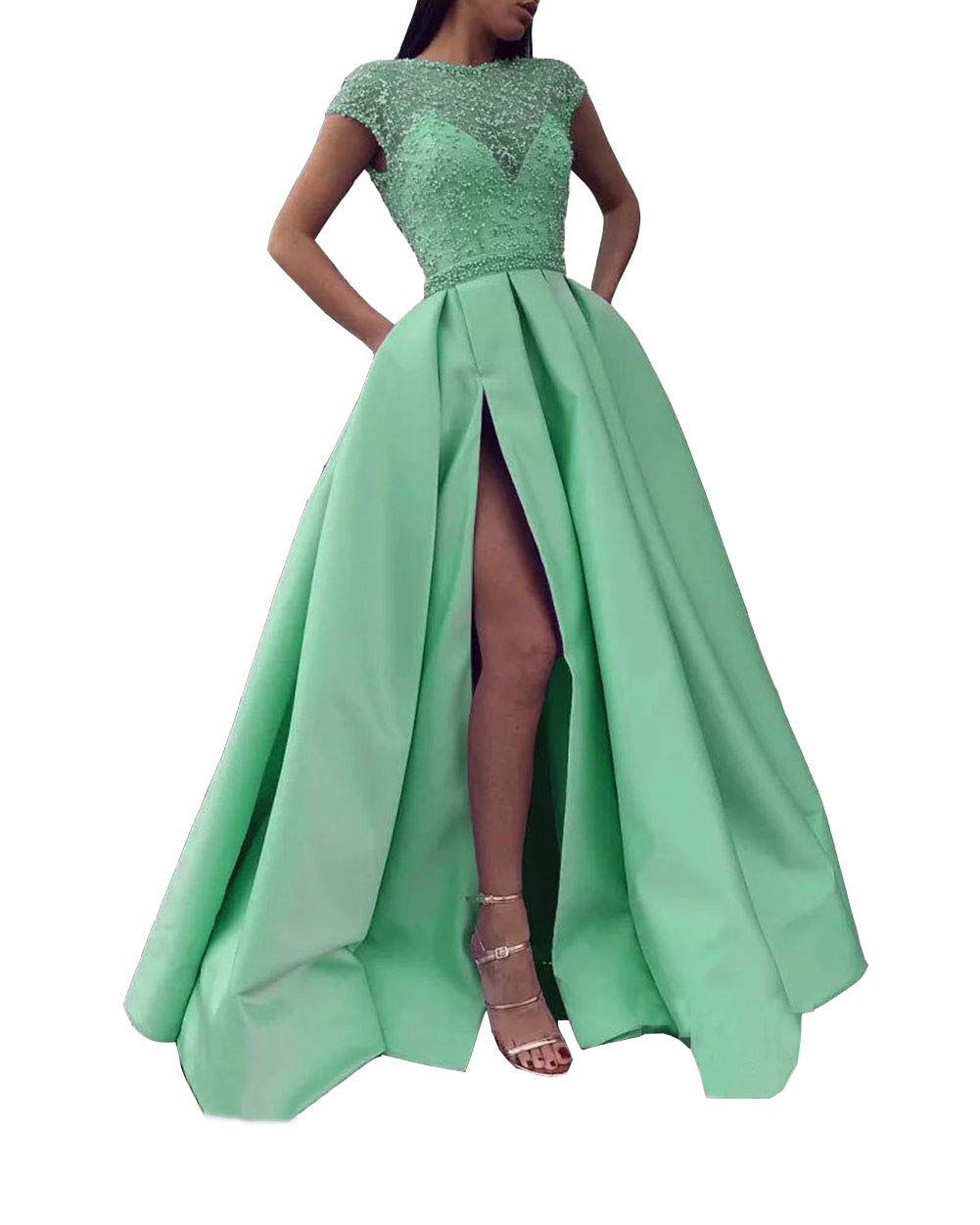 Elegant Women's Satin Prom Dress with Side Slit & Jewel Neckline - Formal Evening Gown for Homecoming, Cocktail Parties & Special Occasions