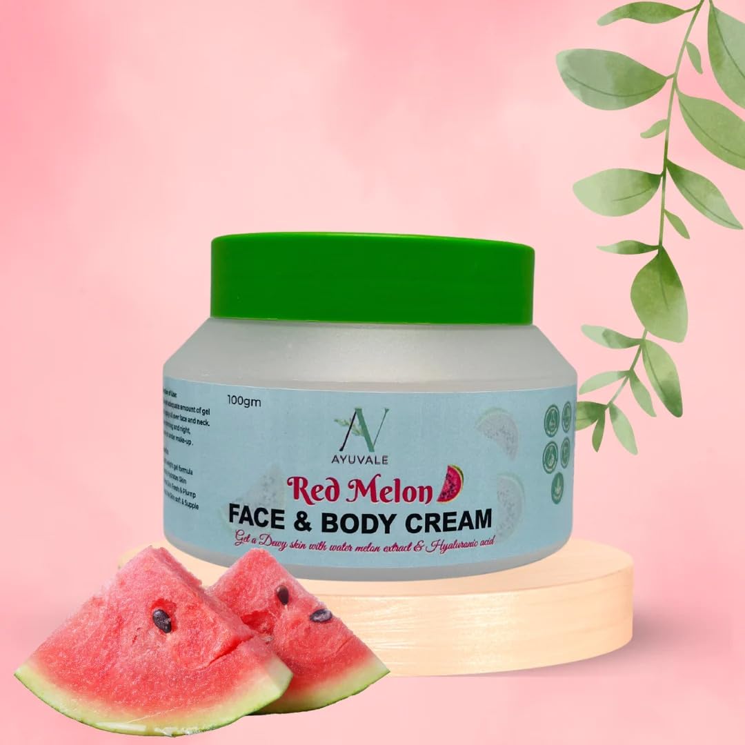 AYUVALE Red Melon Face & Body Cream - Watermelon Infused Moisturizer for Soft, Nourished Skin | Non-Greasy, 100% Natural Formula (100Gm) | Perfect for Daily Hydration & Post-Sun Care