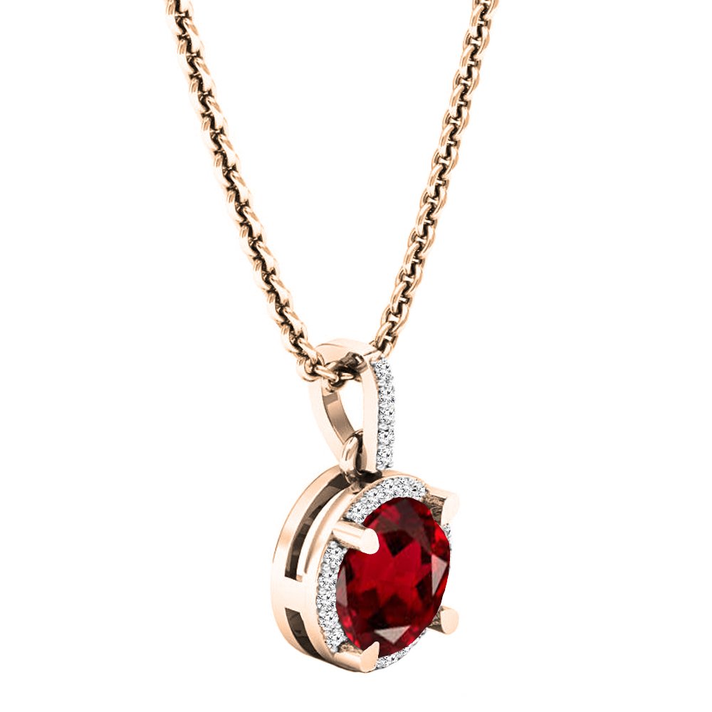 6.5mm Round Gemstone & White Diamond Women's Halo Pendant Necklace - 10K Solid Rose Gold with Chain - Elegant Jewelry Gift for Her - Perfect for Weddings, Anniversaries & Special Occasions