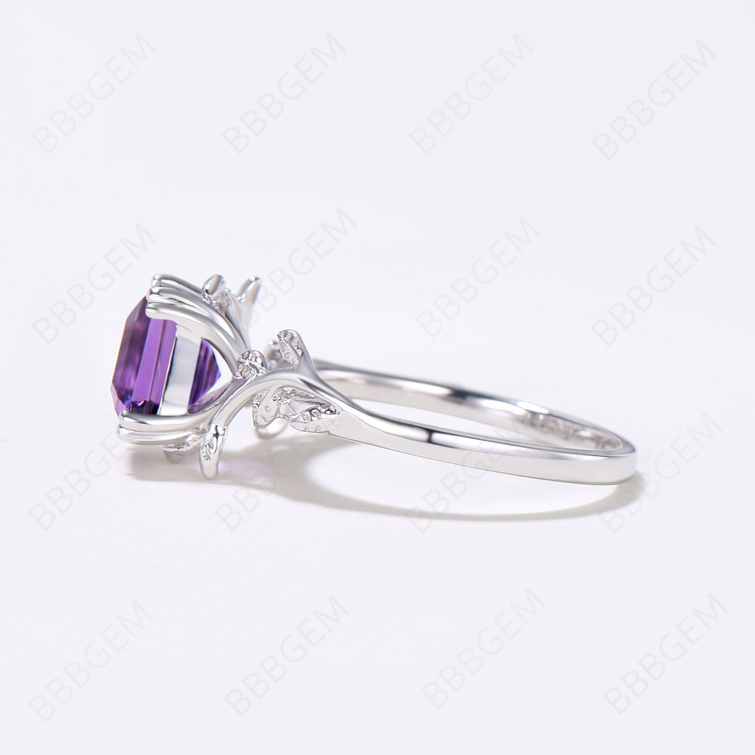 Princess Cut Amethyst Engagement Ring in Sterling Silver with Twig Vine Design - Perfect for Proposals, Anniversaries & Romantic Gifts