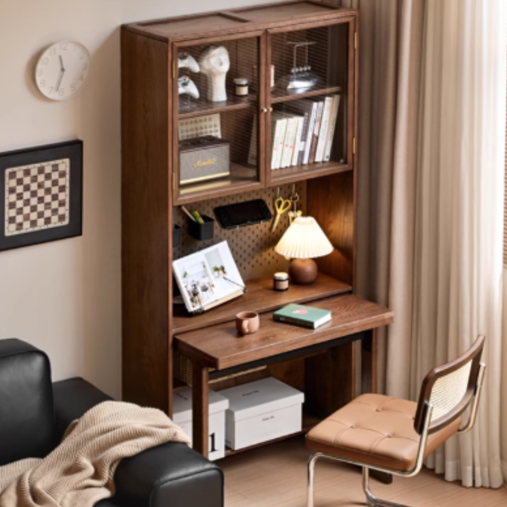 Solid Oak & Black Walnut Wood Computer Desk - Study Table with Bookshelf for Home Office, Gaming & Workspace Organization