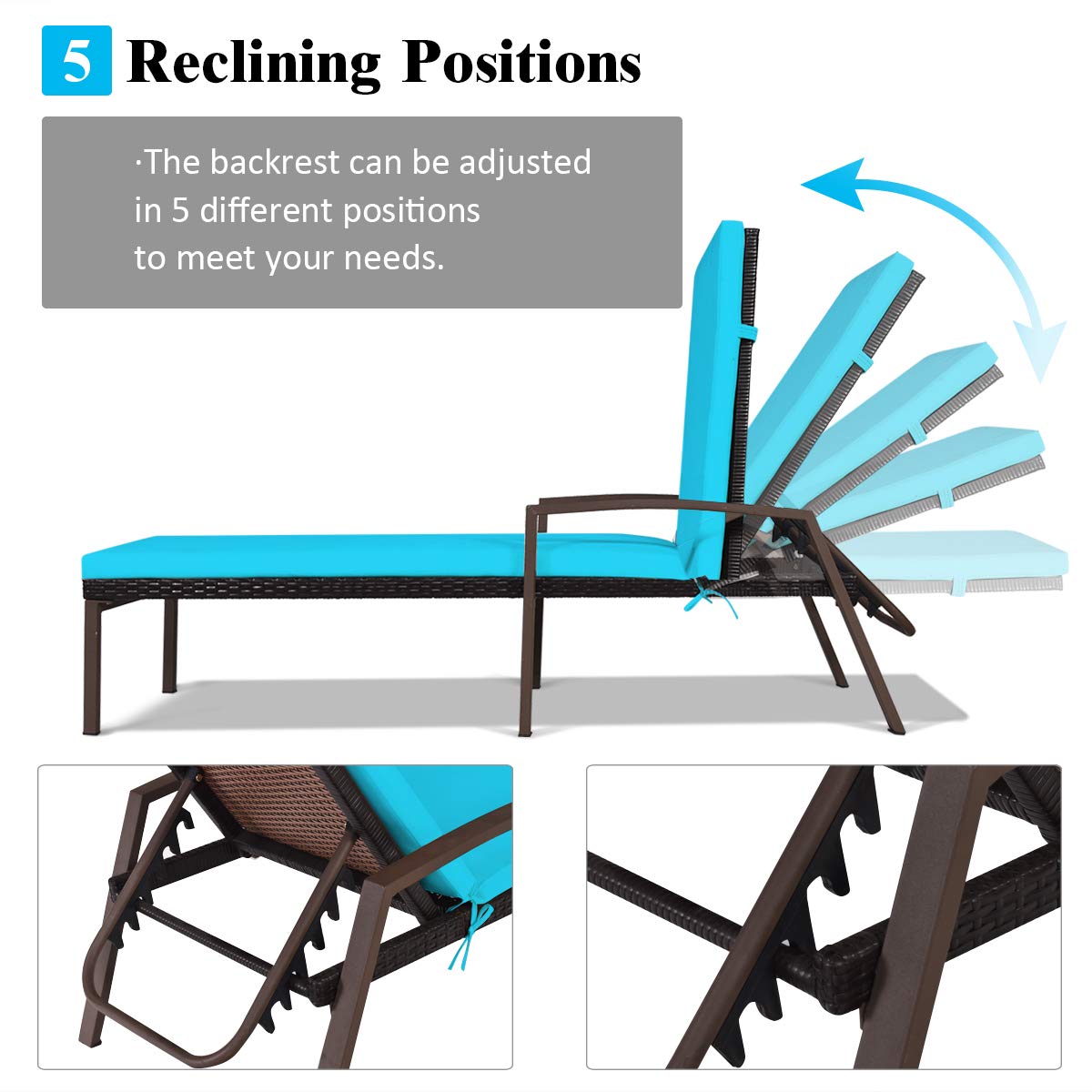 2PCS Patio Chaise Lounge Chairs - Outdoor Rattan Sun Lounger with Soft Cushions, Adjustable Backrest & Comfortable Armrest - Wicker Reclining Chaise for Poolside, Lawn, Garden, Balcony (Turquoise) - Perfect for Relaxing by the Pool, Sunbathing in Backyard or Lounging on Your Patio