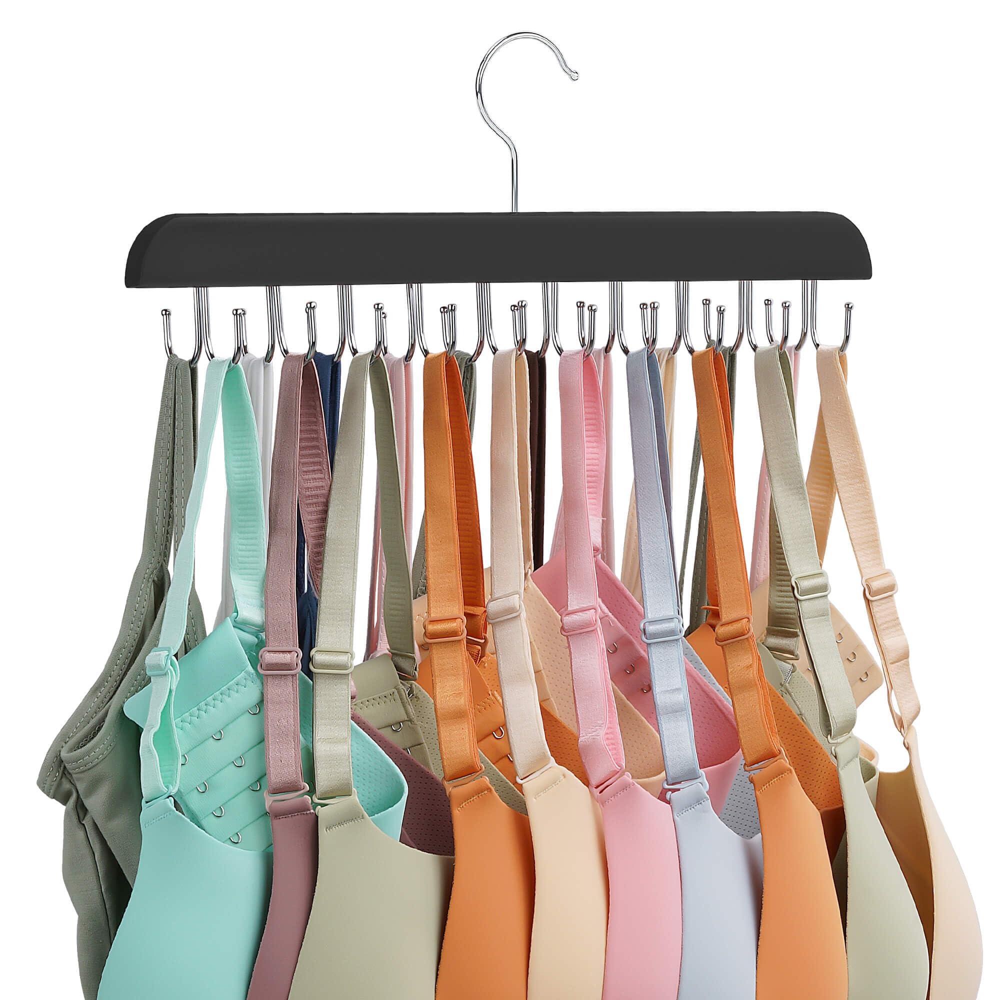 Sturdy Wooden Bra Hanger with 20 Hooks - Space Saving Closet Organizer for Sports Bras, Tank Tops & Underwear - Black (1 Pack) | Perfect for Bedroom, Dorm & Travel Storage