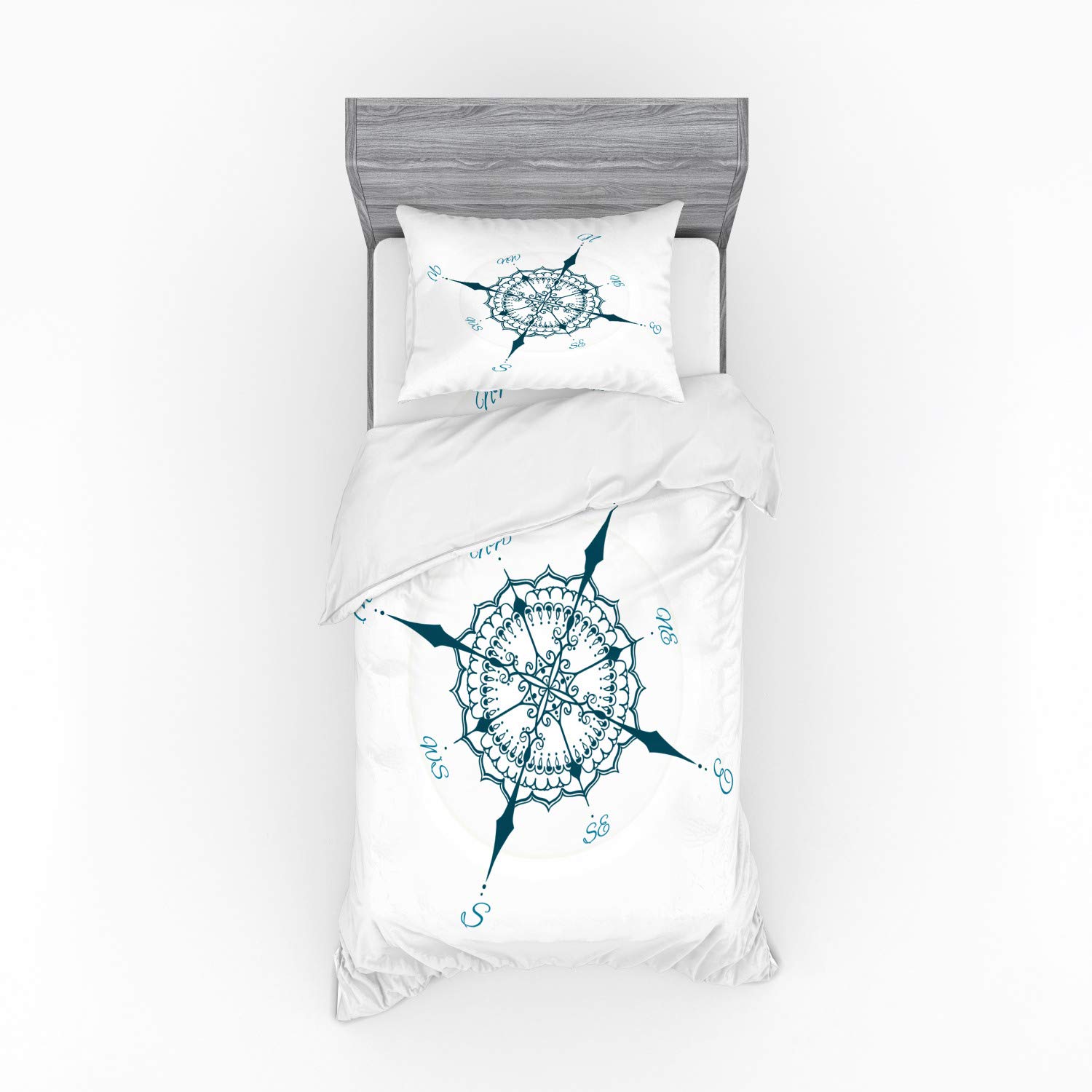 Ambesonne Compass Duvet Cover Set - Hand Drawn Windrose Floral Design, Nautical Boating Theme 3-Piece Bedding Set with Pillow Sham & Fitted Sheet, Twin Size in Cream & Dark Green | Perfect for Coastal Bedrooms, Guest Rooms & Nautical-Themed Decor