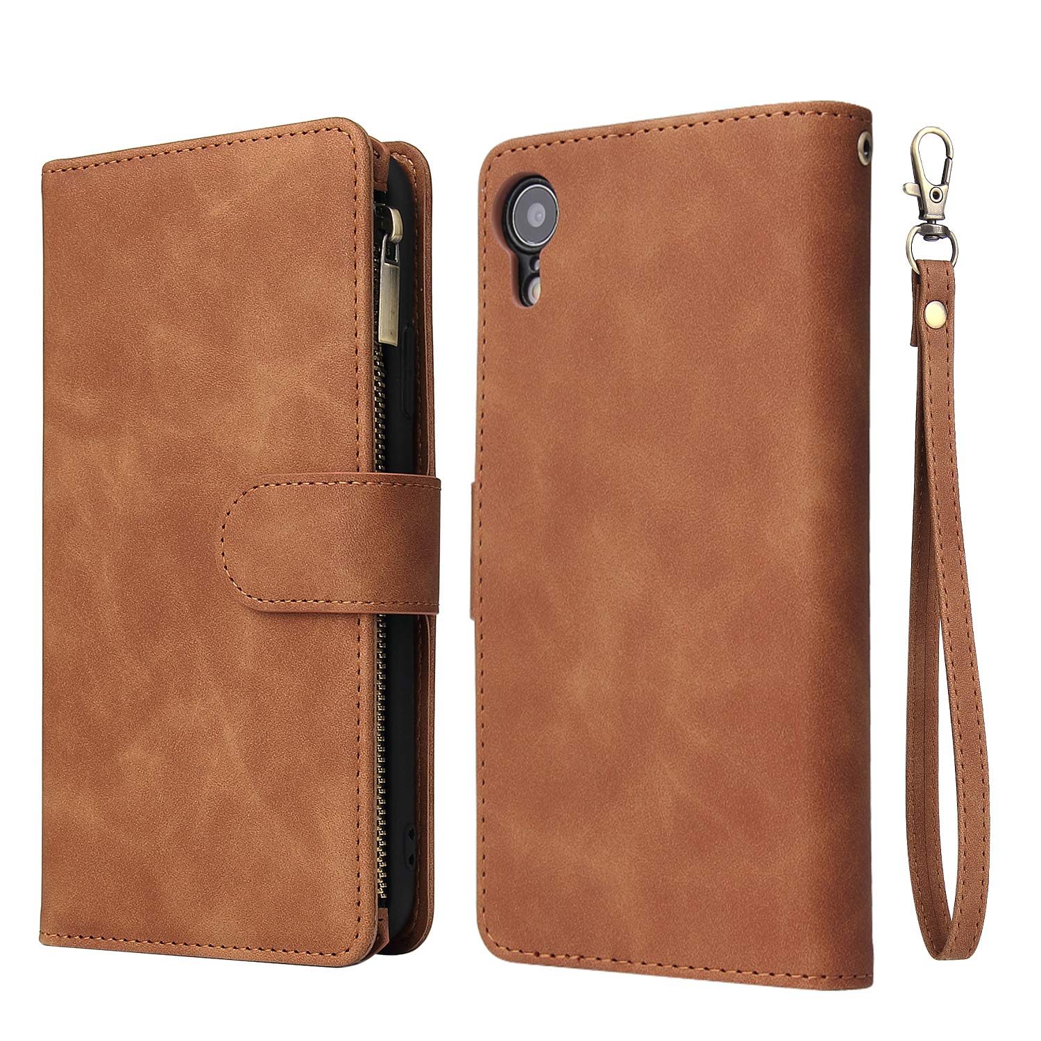 UEEBAI PU Leather Wallet Case for iPhone XR - Magnetic Closure, Zipper Pocket, Kickstand & Card Slots with Hand Strap | Women's Flip Phone Purse in Brown | Perfect for Shopping, Travel & Everyday Use