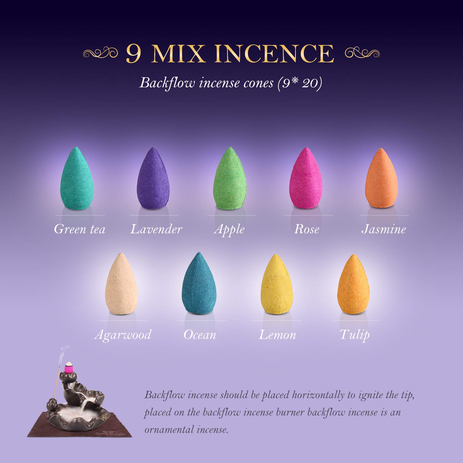 OTOFY 180 Pcs Natural Backflow Incense Cones - Handmade Waterfall Incense with Rose, Tulip, Jasmine & Lavender Scents for Meditation, Yoga, Aromatherapy & Home Relaxation | Perfect for Backflow Incense Burners (Gold)