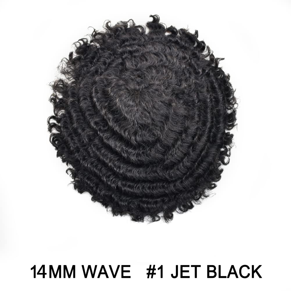 Men's Afro Wig - Brazilian Human Hair Replacement System for Black Men - 14MM Kinky Curly Afro Weave with Full PU Poly Skin - Jet Black (#1) - Perfect for Cosplay, Daily Wear & Hair Loss Solutions