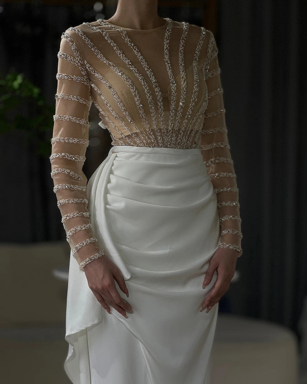 Elegant White Long Sleeve Mermaid Evening Dress with Beaded Detail - Split Hem Formal Gown for Women's Party & Special Occasions - Serene Hill LA71531 | Perfect for Weddings, Galas & Red Carpet Events