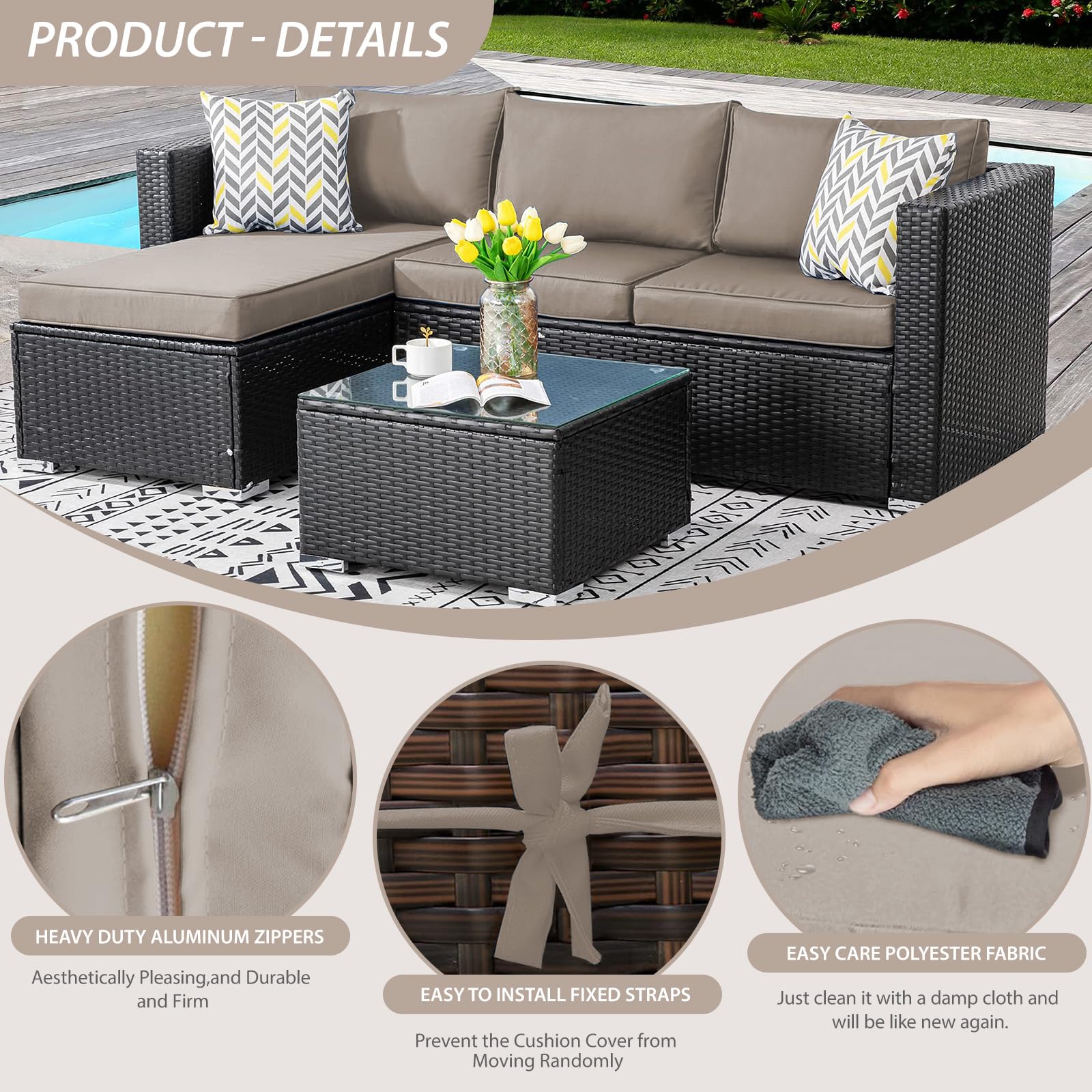 Waterproof Outdoor Cushion Covers Set of 14 - Washable Patio Furniture Covers with Zipper & Ties for Wicker Rattan Sectional Sofa Chairs (Khaki) | Perfect for Backyard, Poolside & Garden Decor