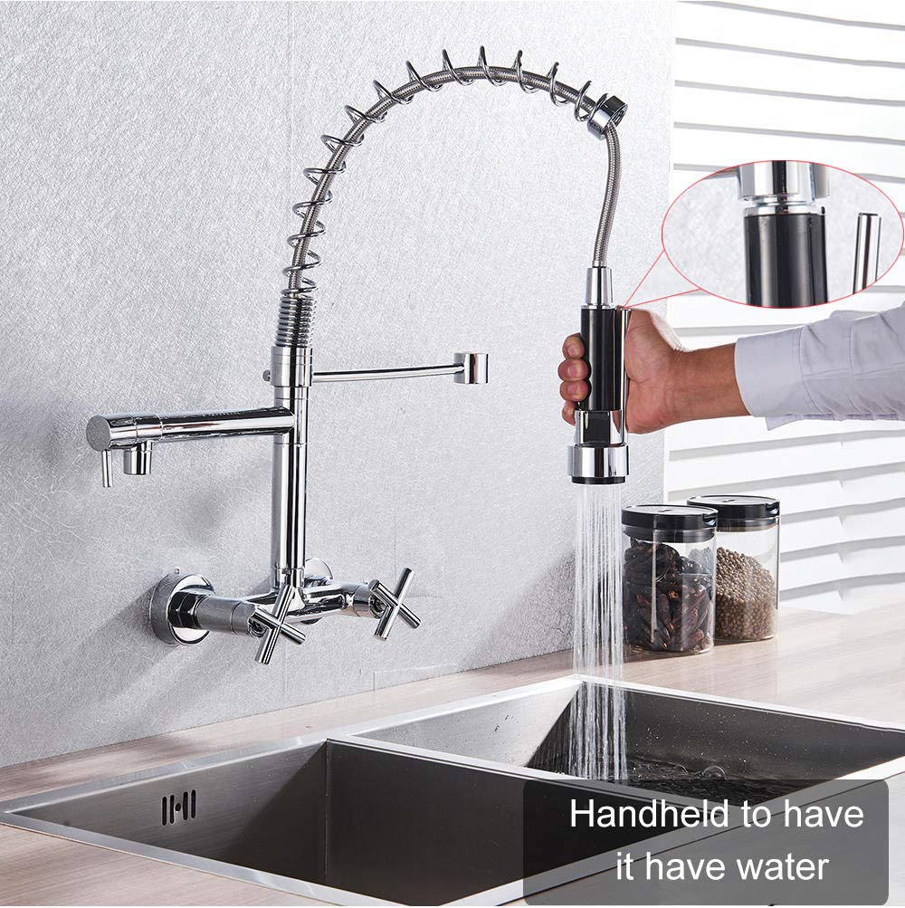 Wall Mount Spring Basin Kitchen Faucet - Pull Down Sprayer with Hot & Cold Water Mixer - Dual Handle Swivel Spout Sink Tap for Modern Kitchens & Bathroom Vanities